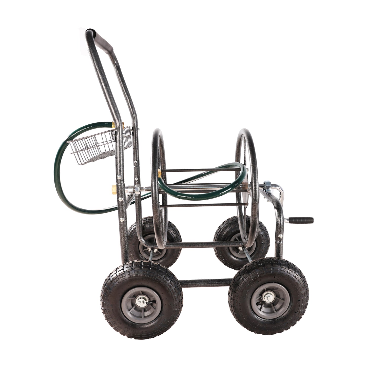 Heavyduty garden hose reel cart with large pneumatic tires and black handle