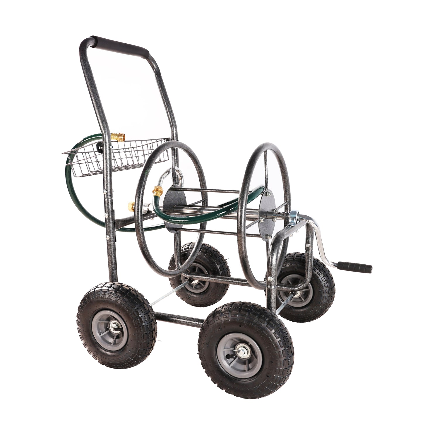 Heavyduty garden hose cart with dual spools and large pneumatic wheels for easy maneuverability