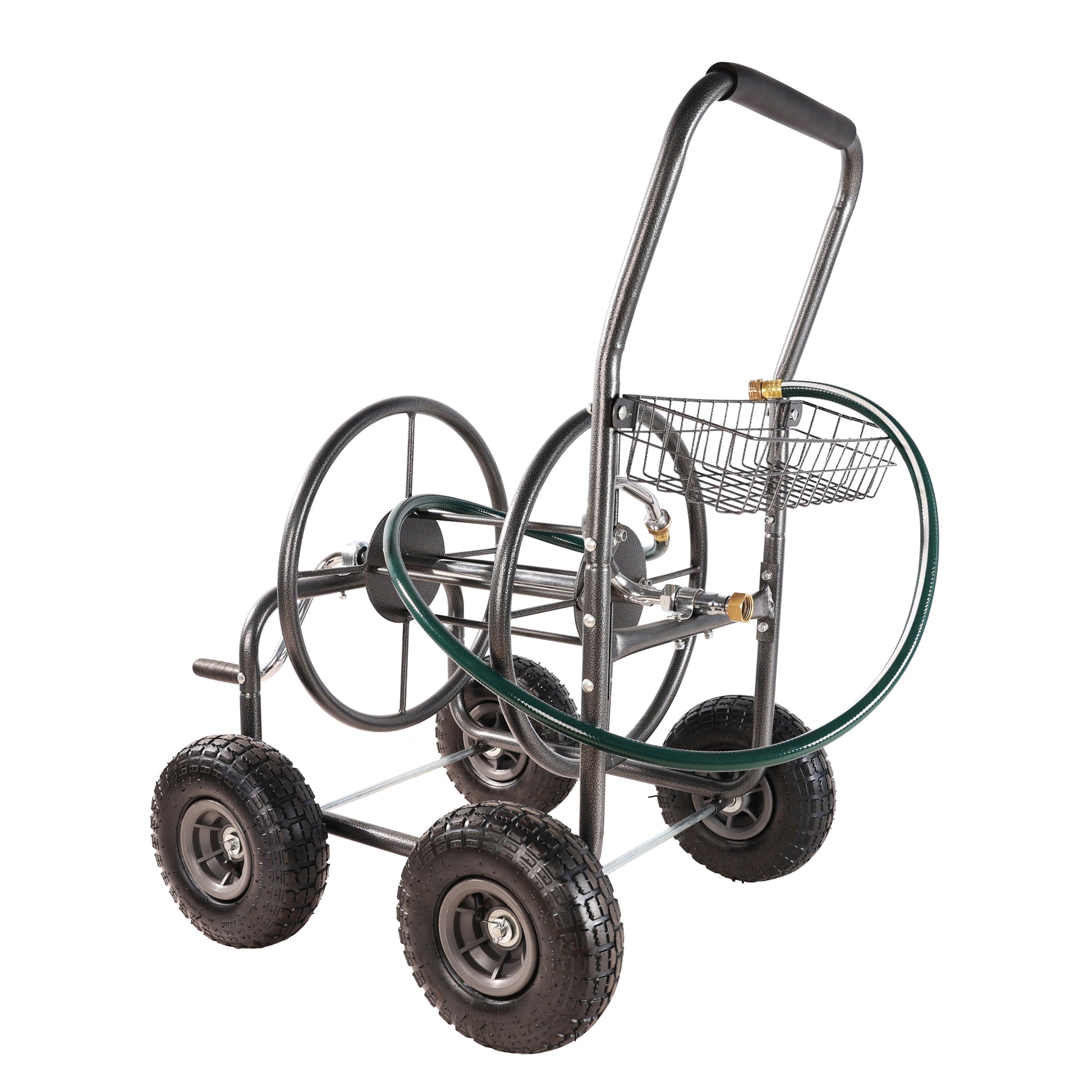 Heavy duty garden hose reel cart with large wheels and storage basket