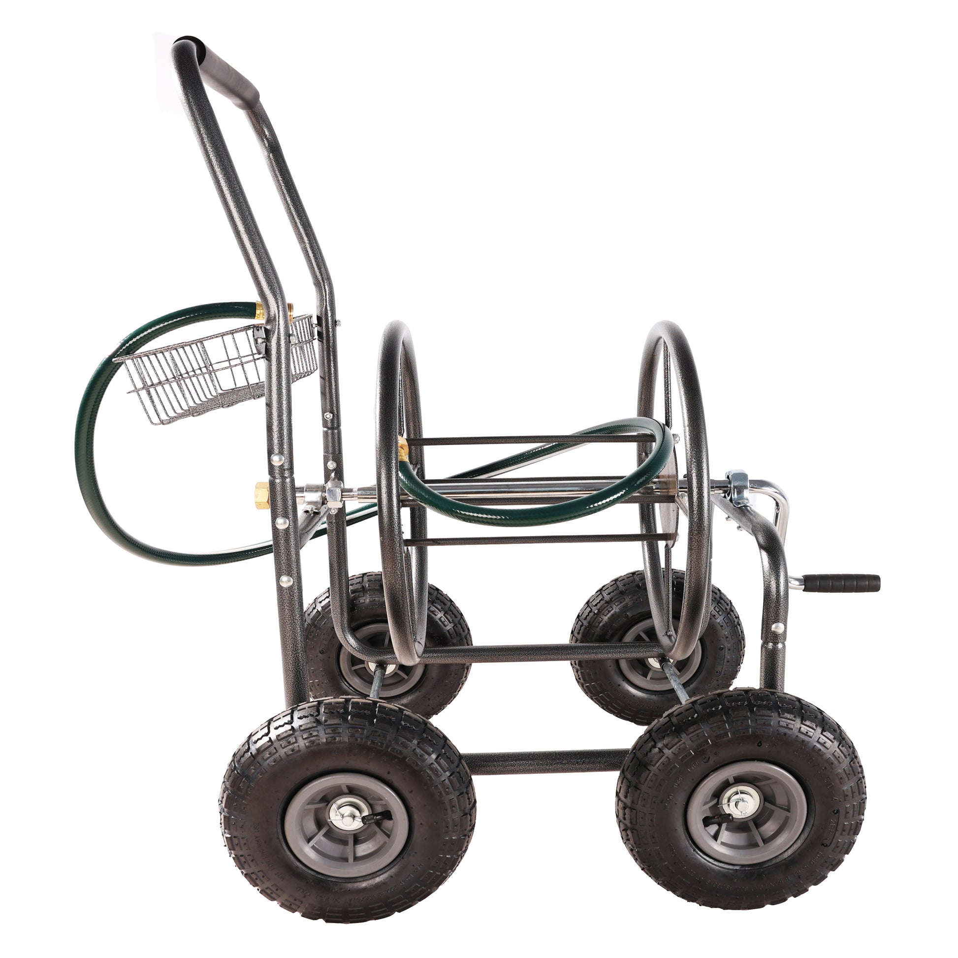 Heavyduty garden hose reel cart with large pneumatic tires for easy maneuvering