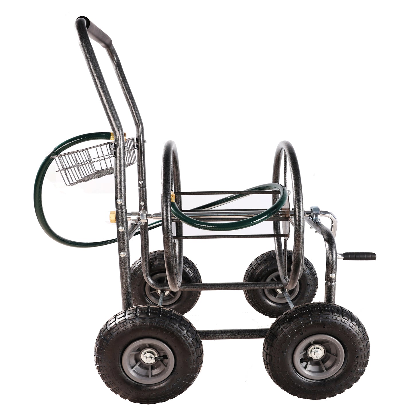 Durable dark grey garden hose cart with wide pneumatic tires for easy yard maneuverability
