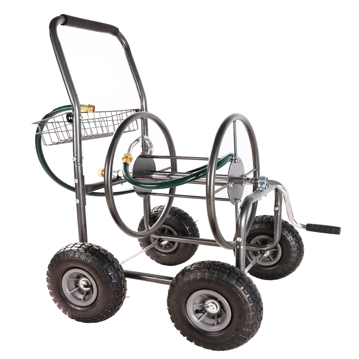 Gray metal garden hose cart with large wheels and a crank handle