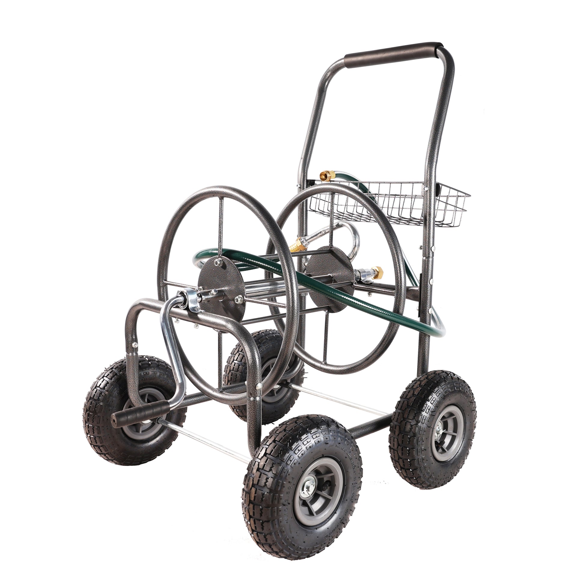 Garden hose reel cart with large pneumatic tires and basket for tools