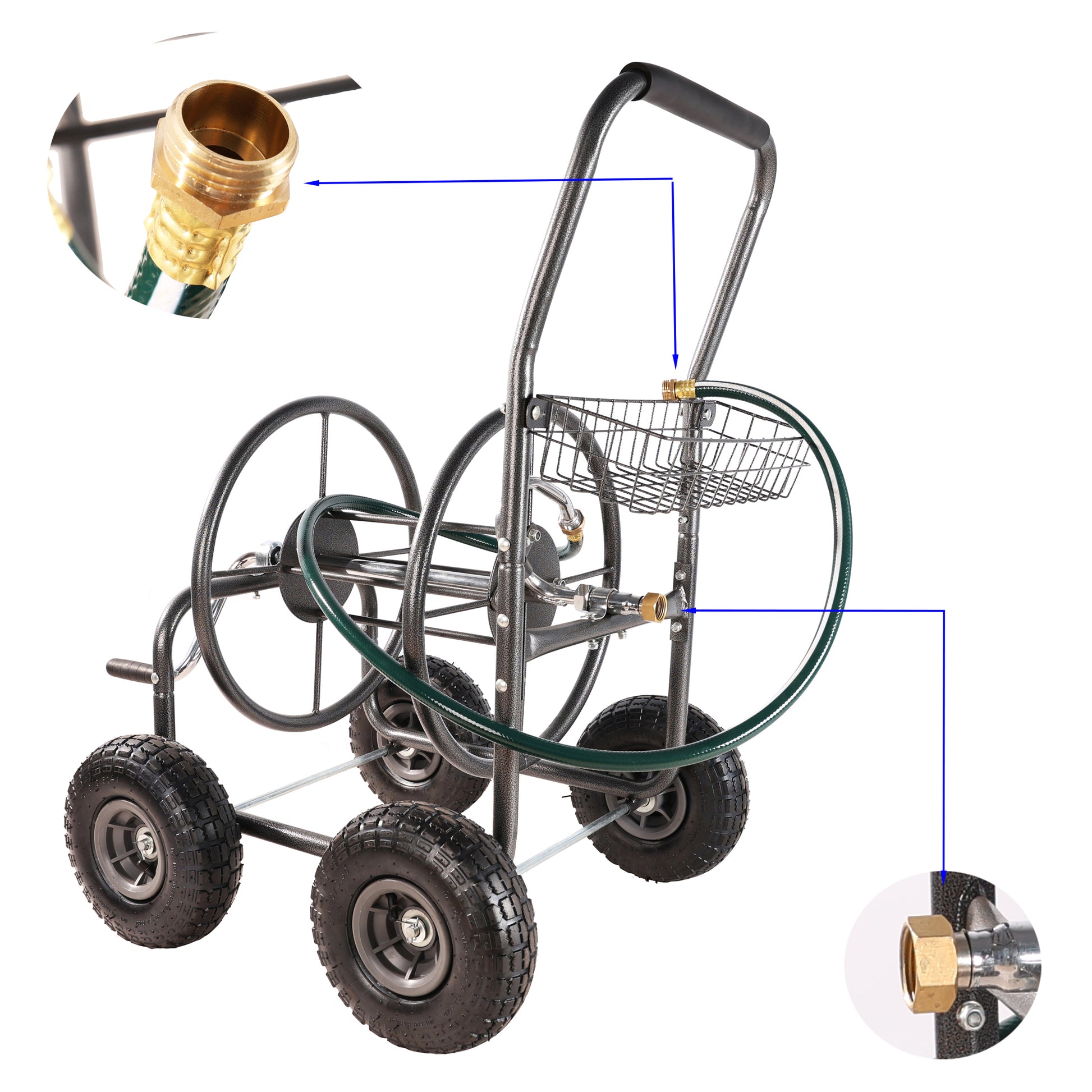 Heavyduty garden hose reel cart with brass fittings and large pneumatic tires for easy maneuverability