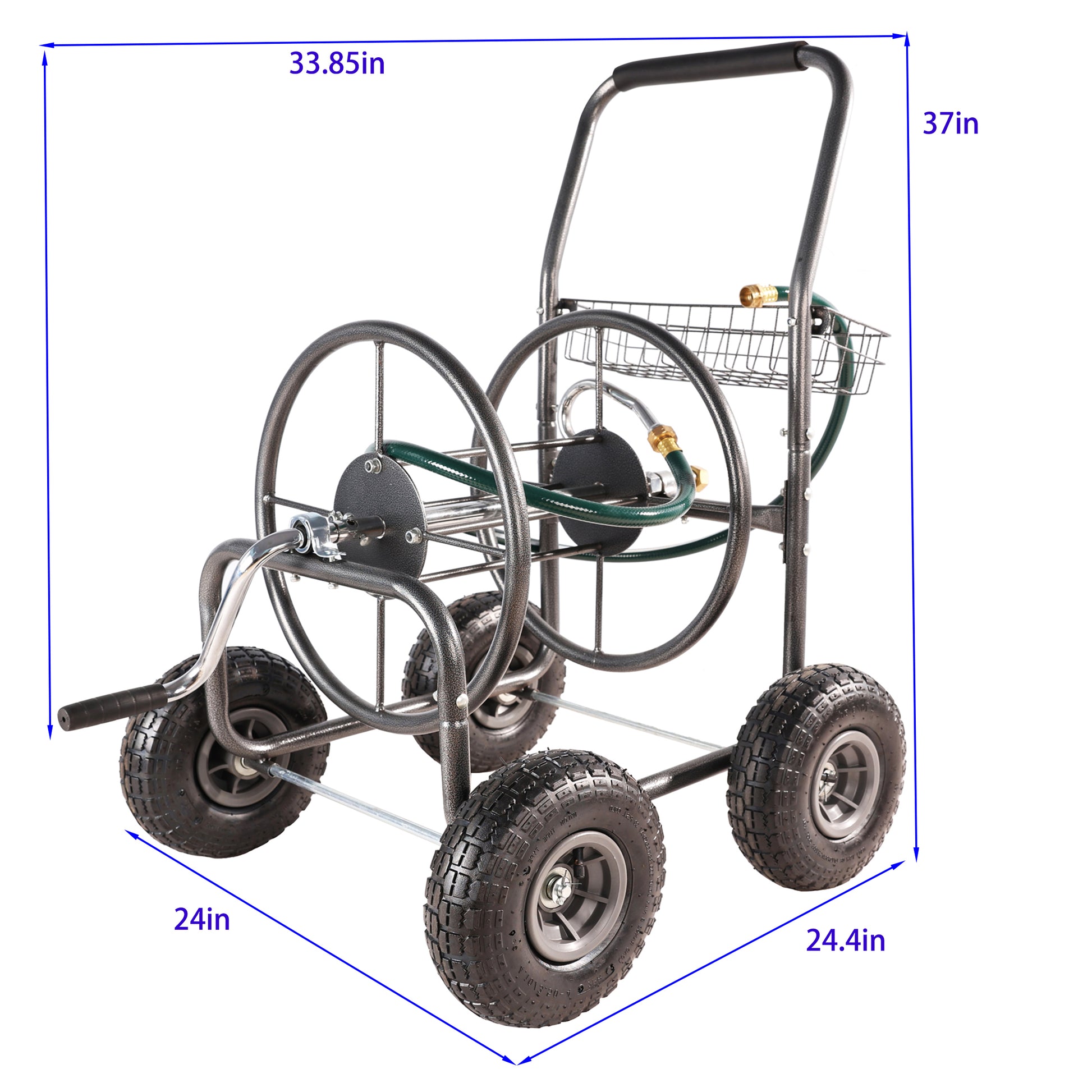 Gray metal rolling garden hose cart with two spools large wheels and a storage basket