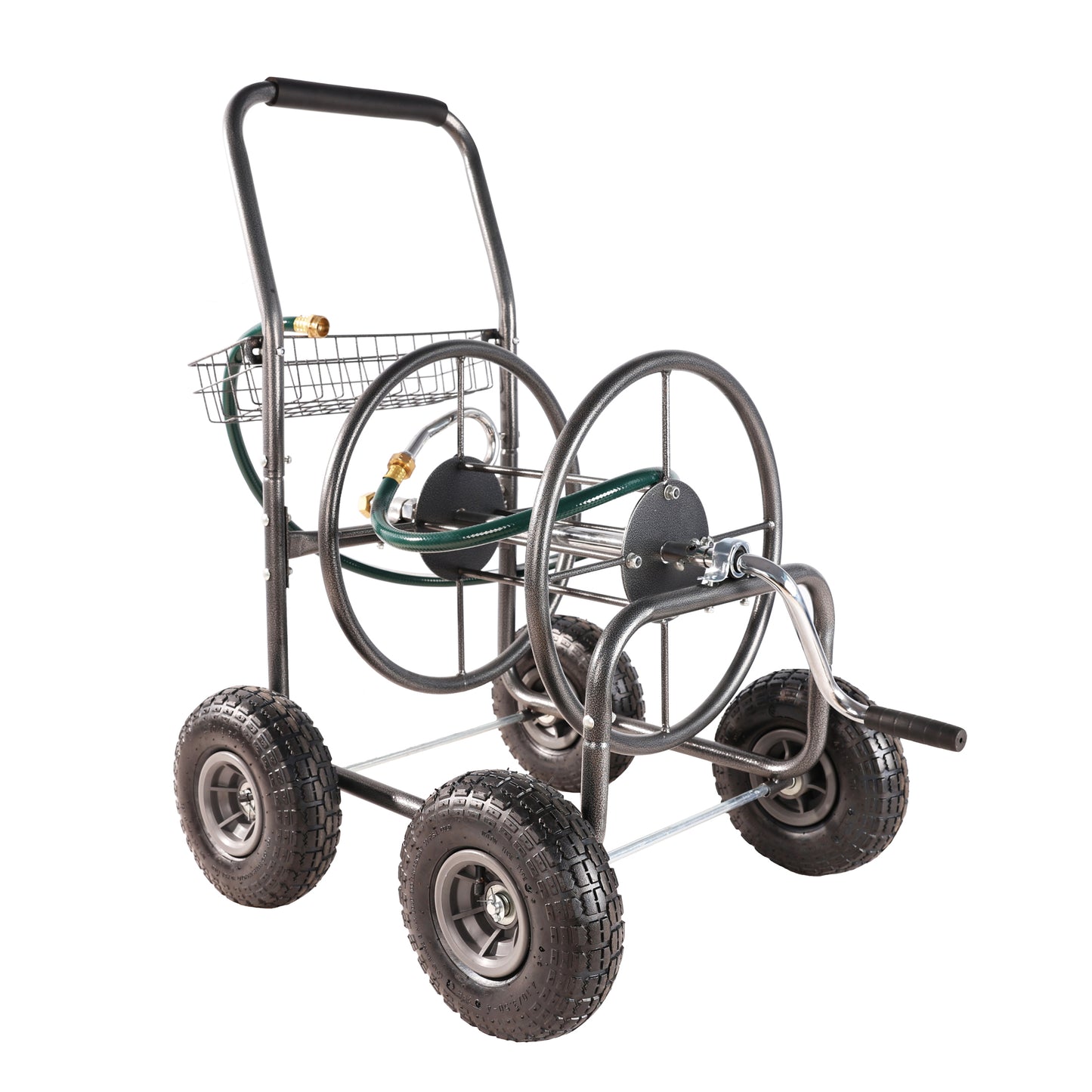 Garden hose reel cart with large pneumatic tires and a basket for tools