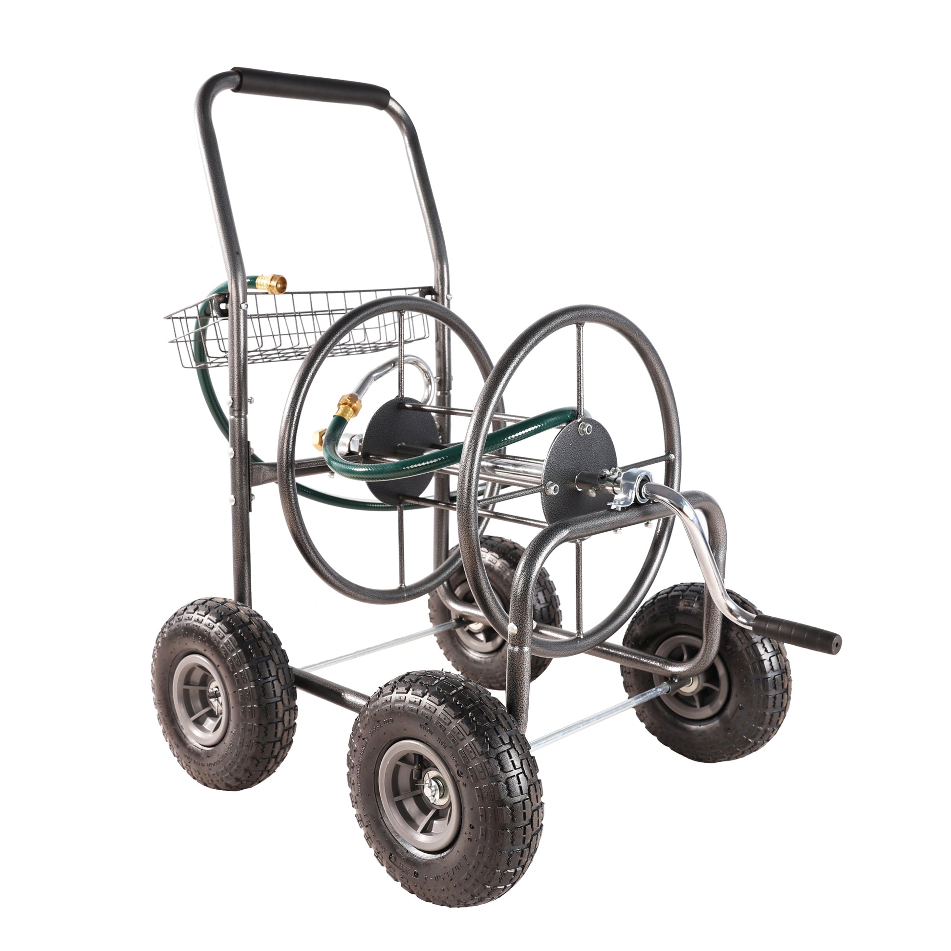 Garden hose reel cart with large pneumatic tires and a basket for tools