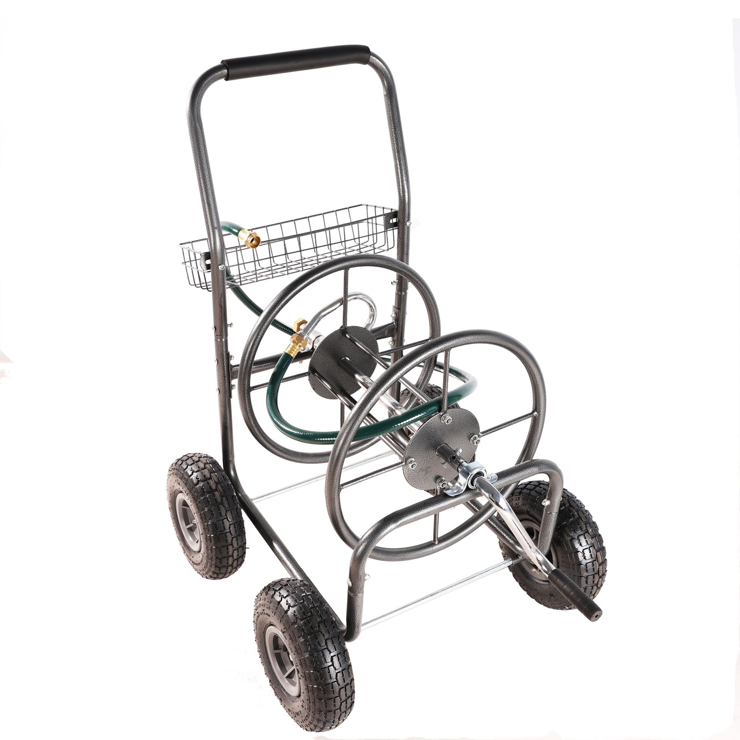 Heavyduty garden hose cart with dual reels and storage basket