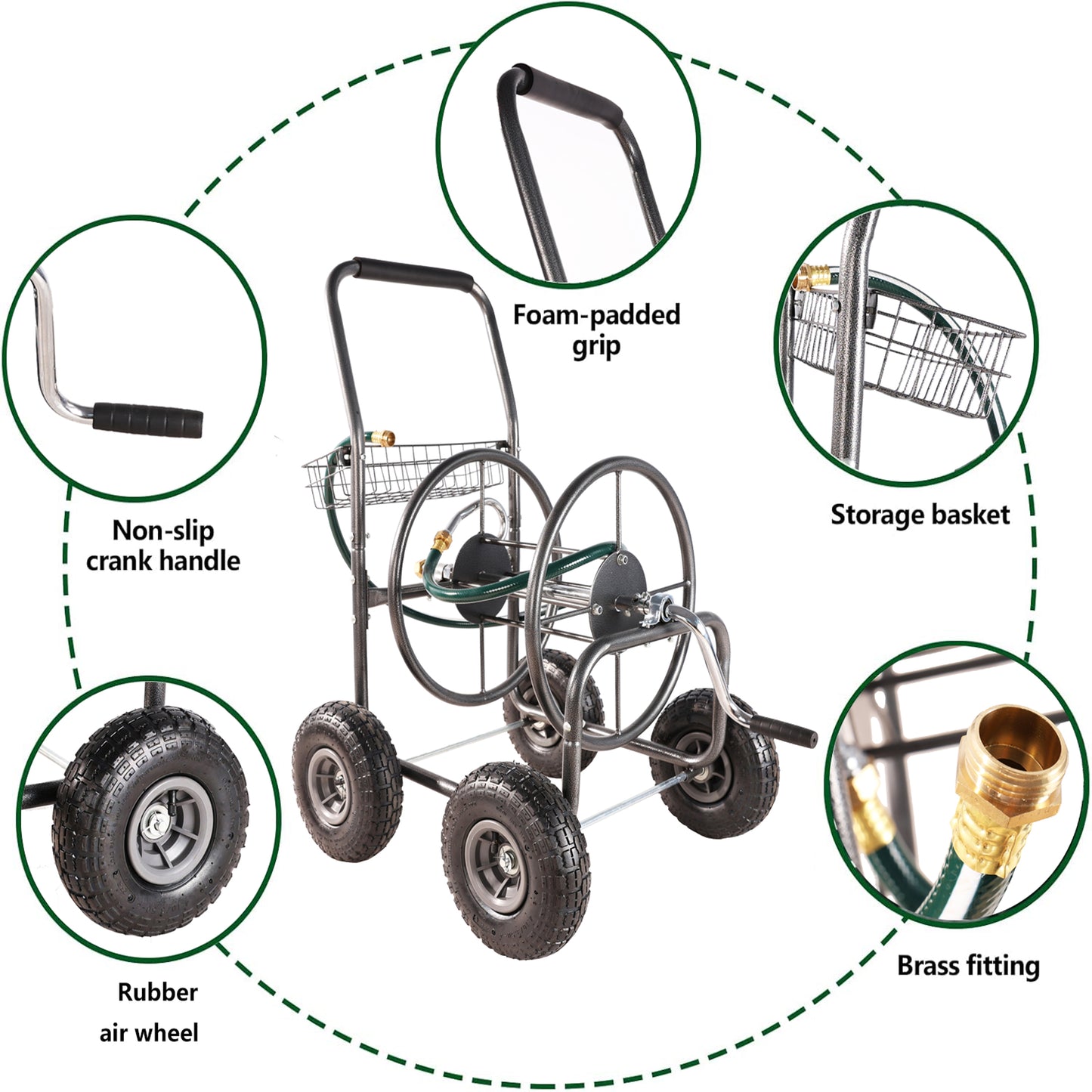 Heavyduty garden hose cart with foampadded grip for comfortable use