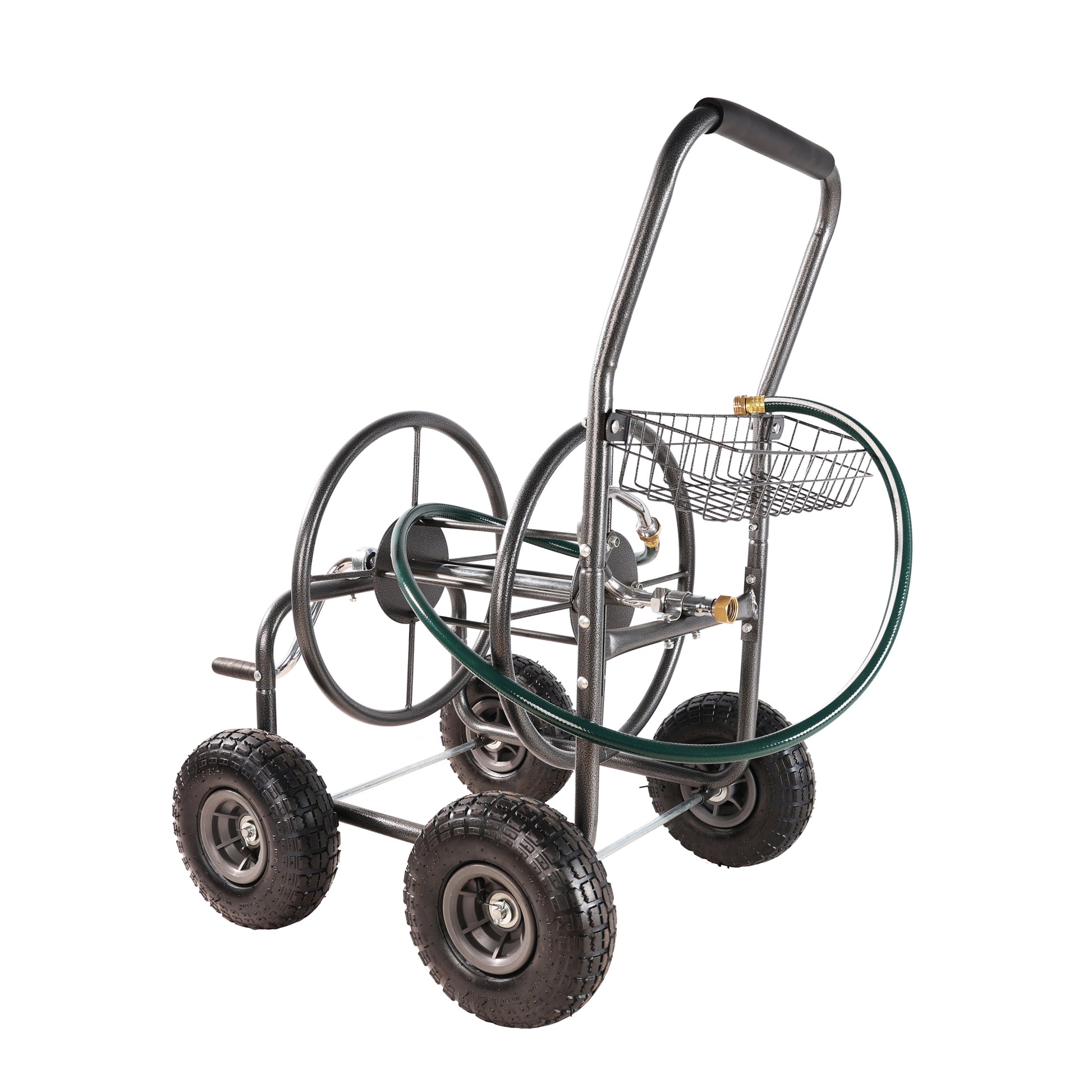 Heavyduty garden hose reel cart with large inflatable tires for easy maneuverability