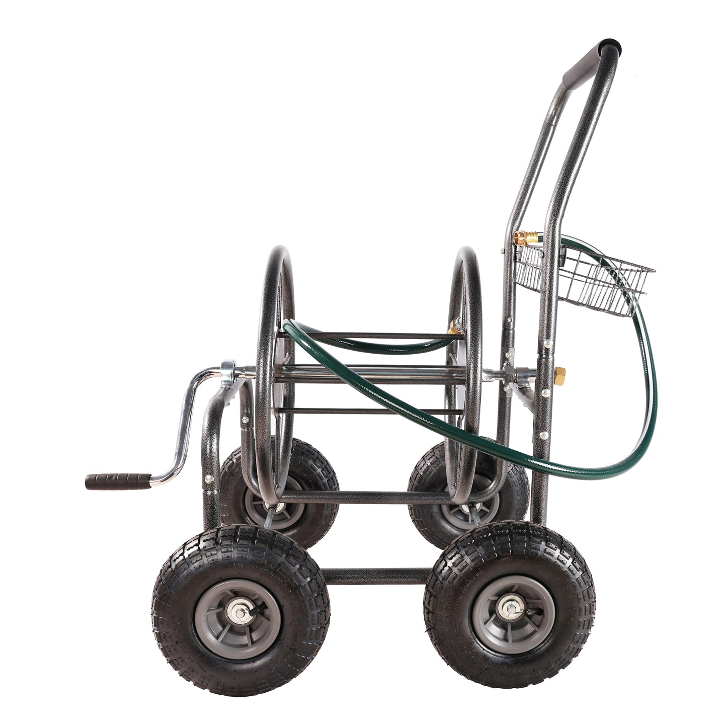 Durable metal garden hose reel cart with large pneumatic tires for easy maneuverability