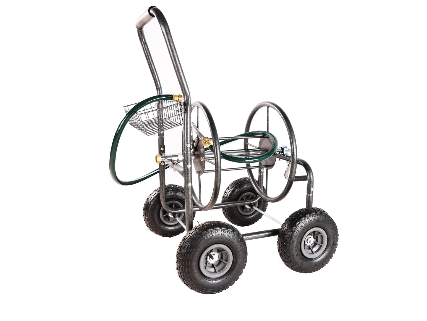 Heavy duty garden hose cart with large pneumatic tires and a metal basket for tools