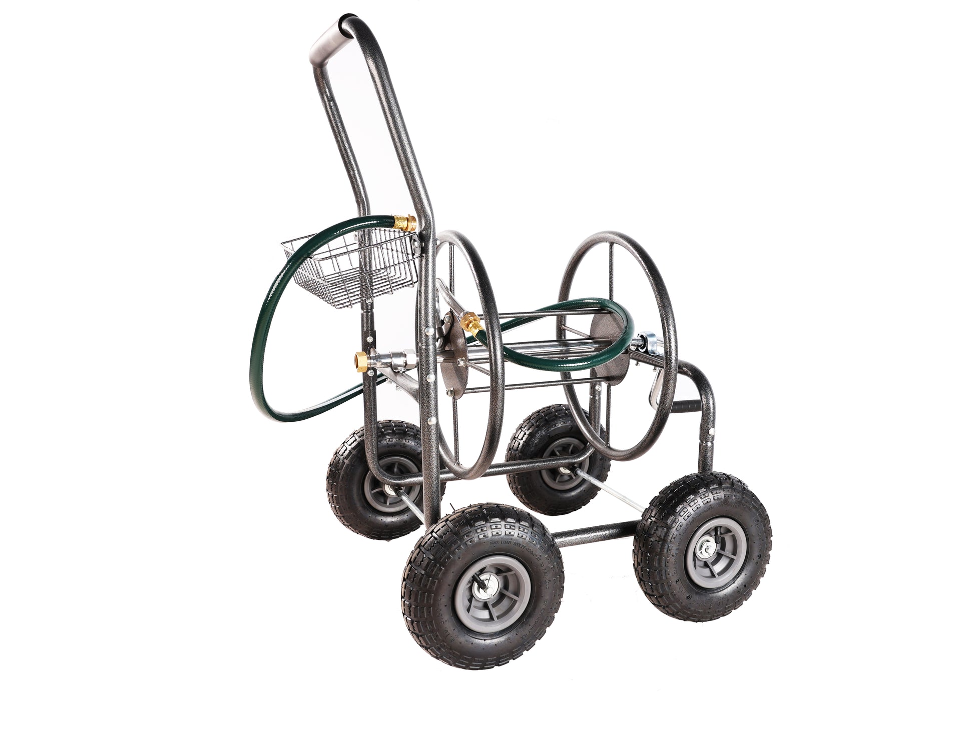 Heavy duty garden hose cart with large pneumatic tires and a metal basket for tools