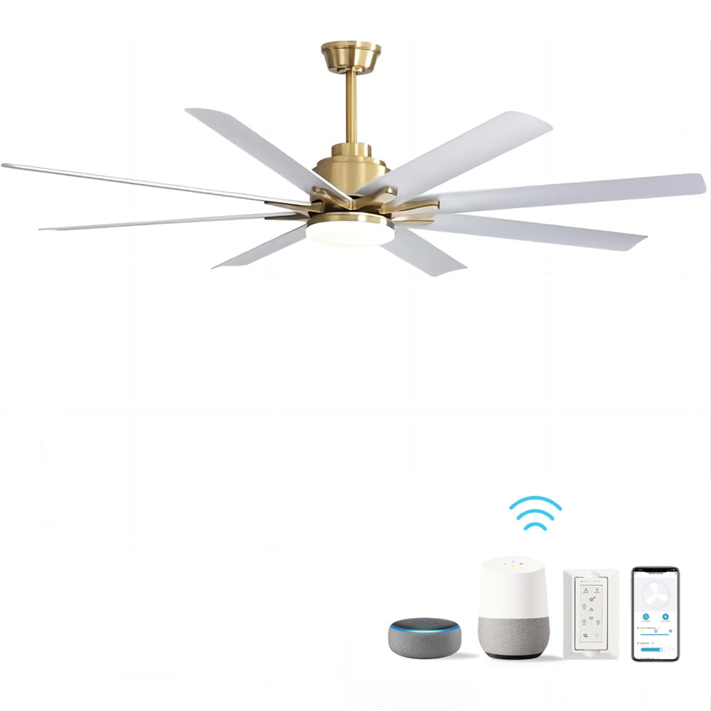 Modern brass ceiling fan with white blades and LED light