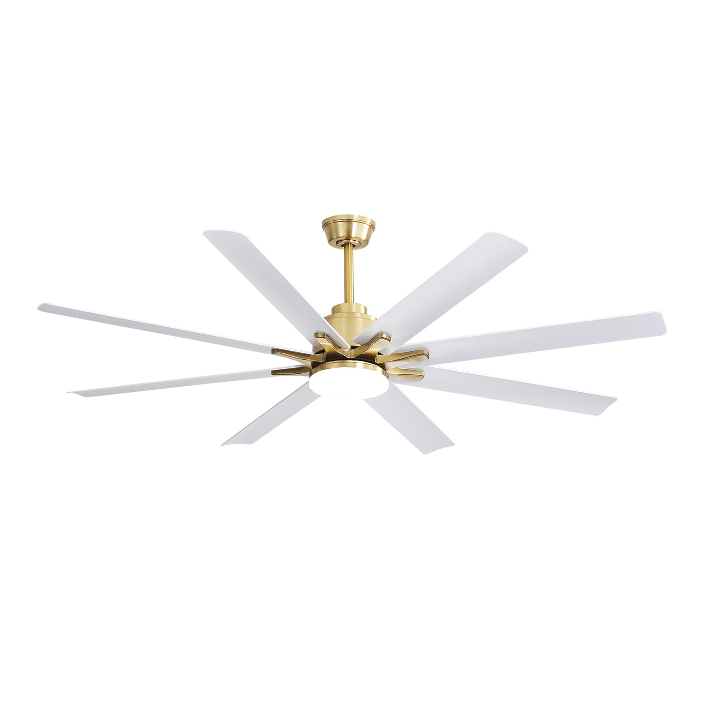 Modern white ceiling fan with brass accents and integrated LED light