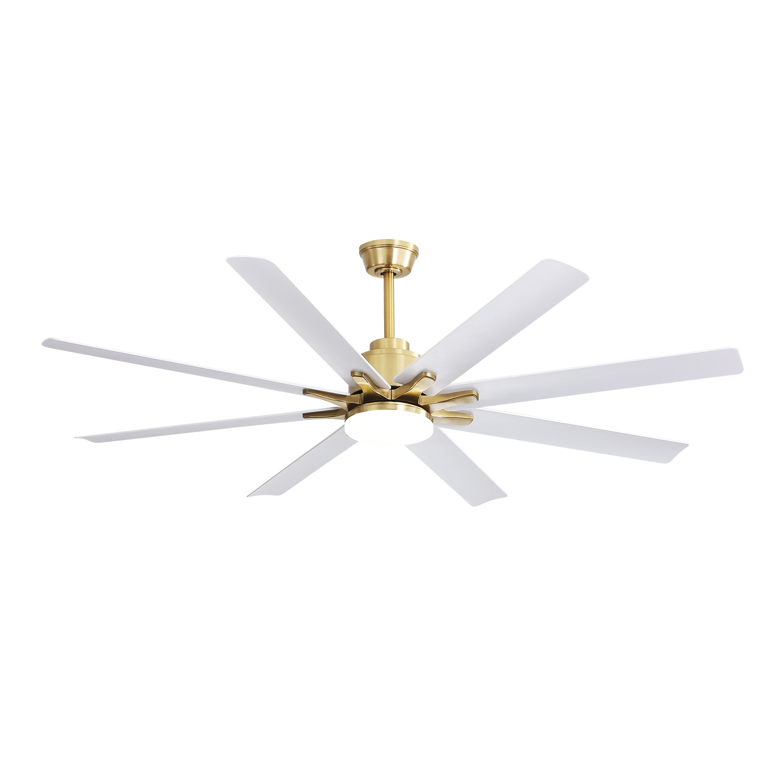 Modern white ceiling fan with brass accents and integrated LED light