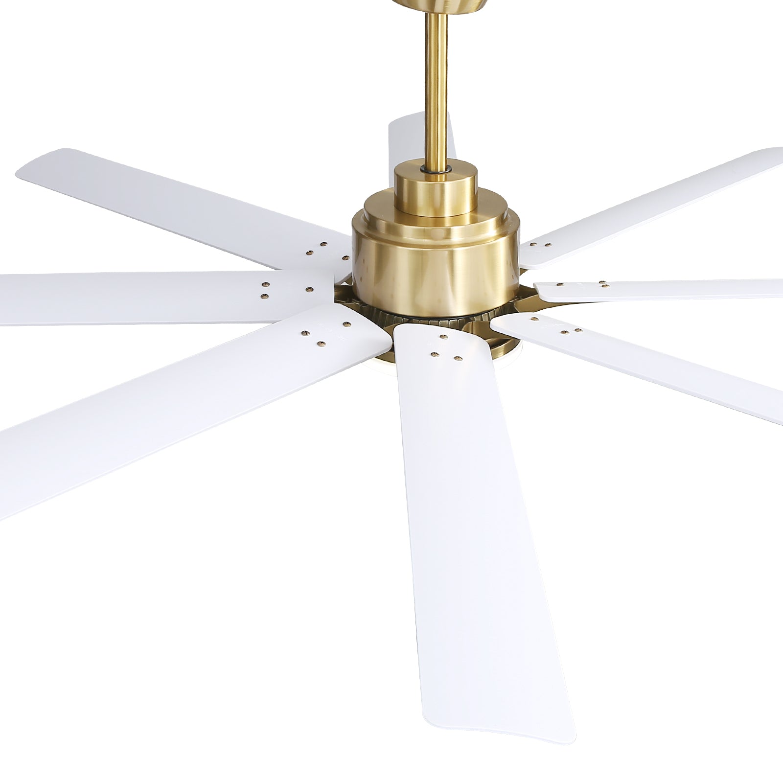 Modern brass ceiling fan with  sleek white blades for contemporary home interiors
