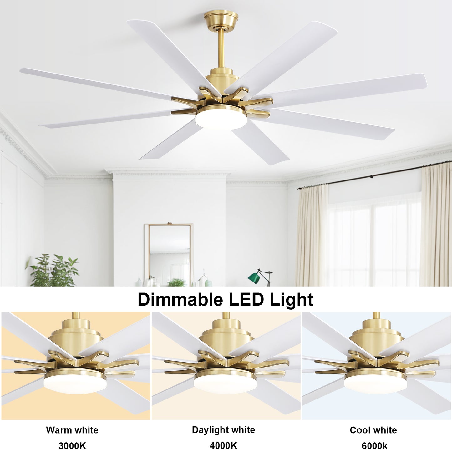 Brass ceiling fan with  white blades and dimmable LED light