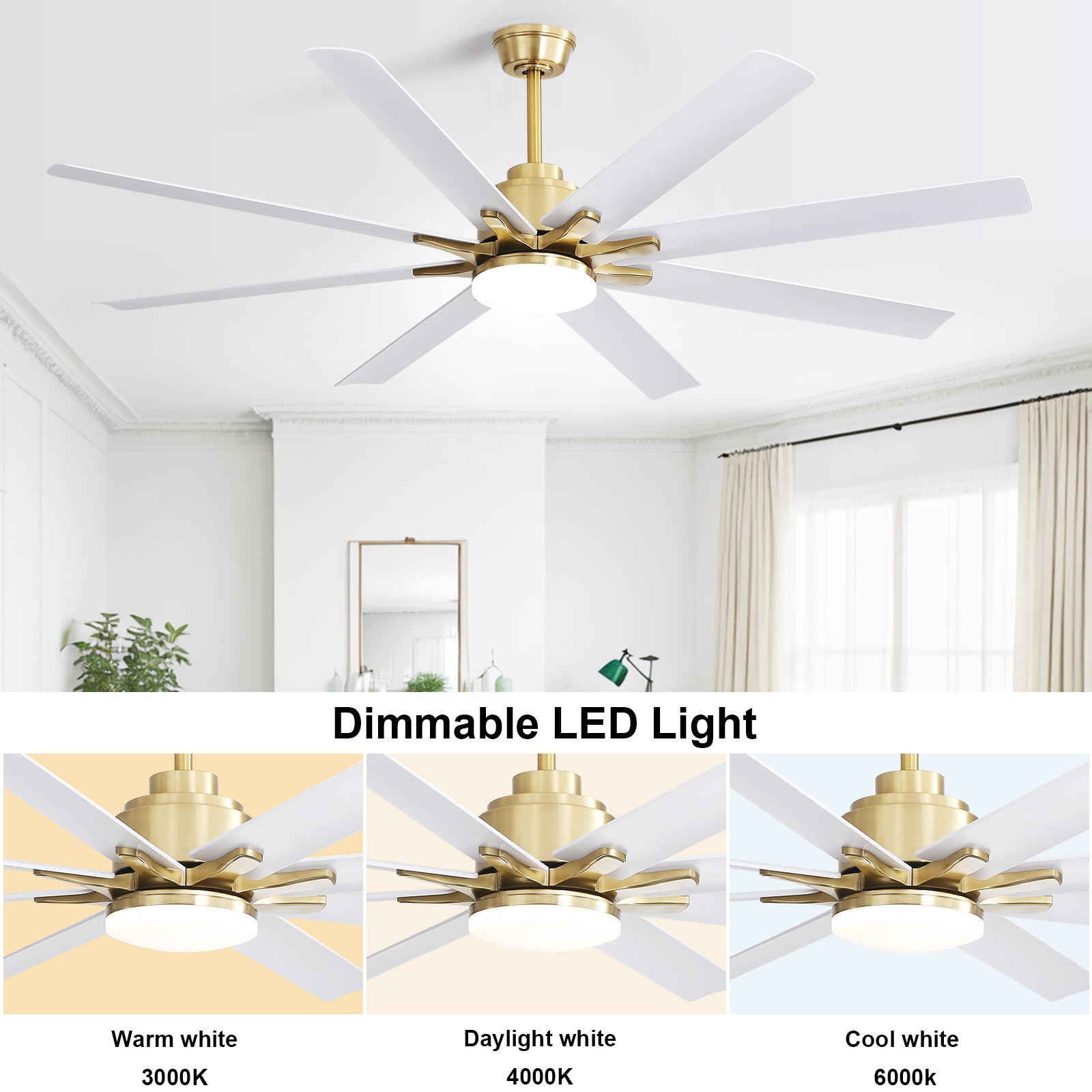 Brass ceiling fan with  white blades and dimmable LED light