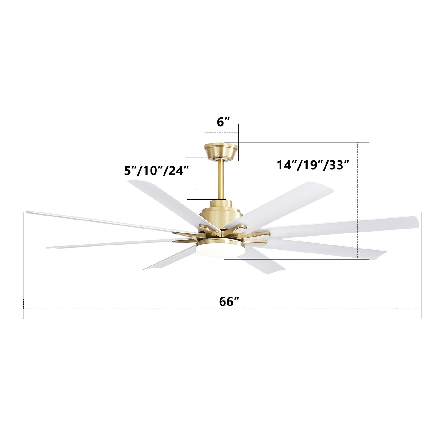 Modern brass ceiling fan with eight white blades and integrated LED light