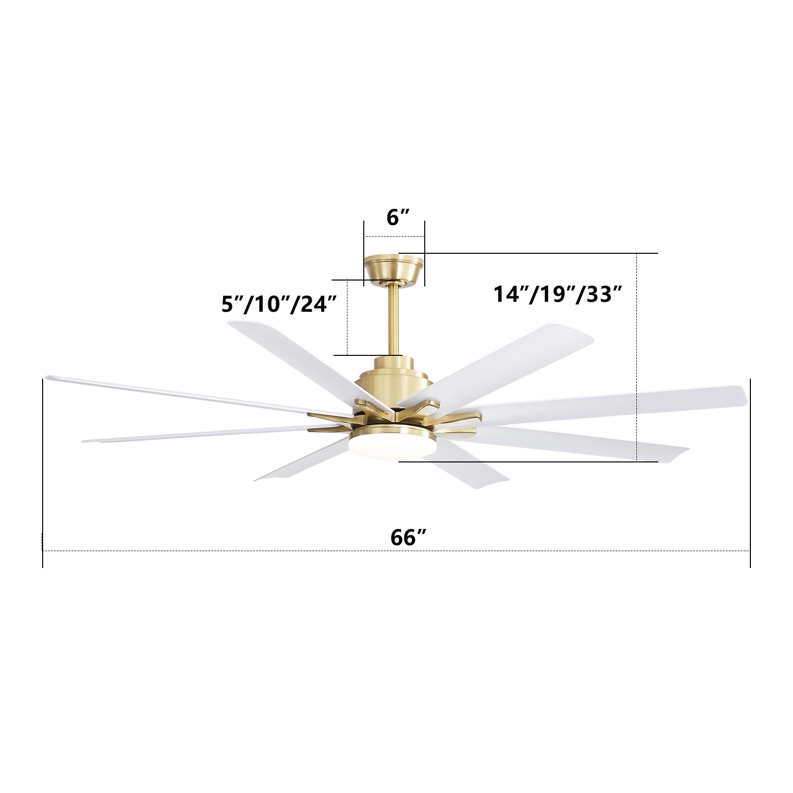 Modern brass ceiling fan with eight white blades and integrated LED light