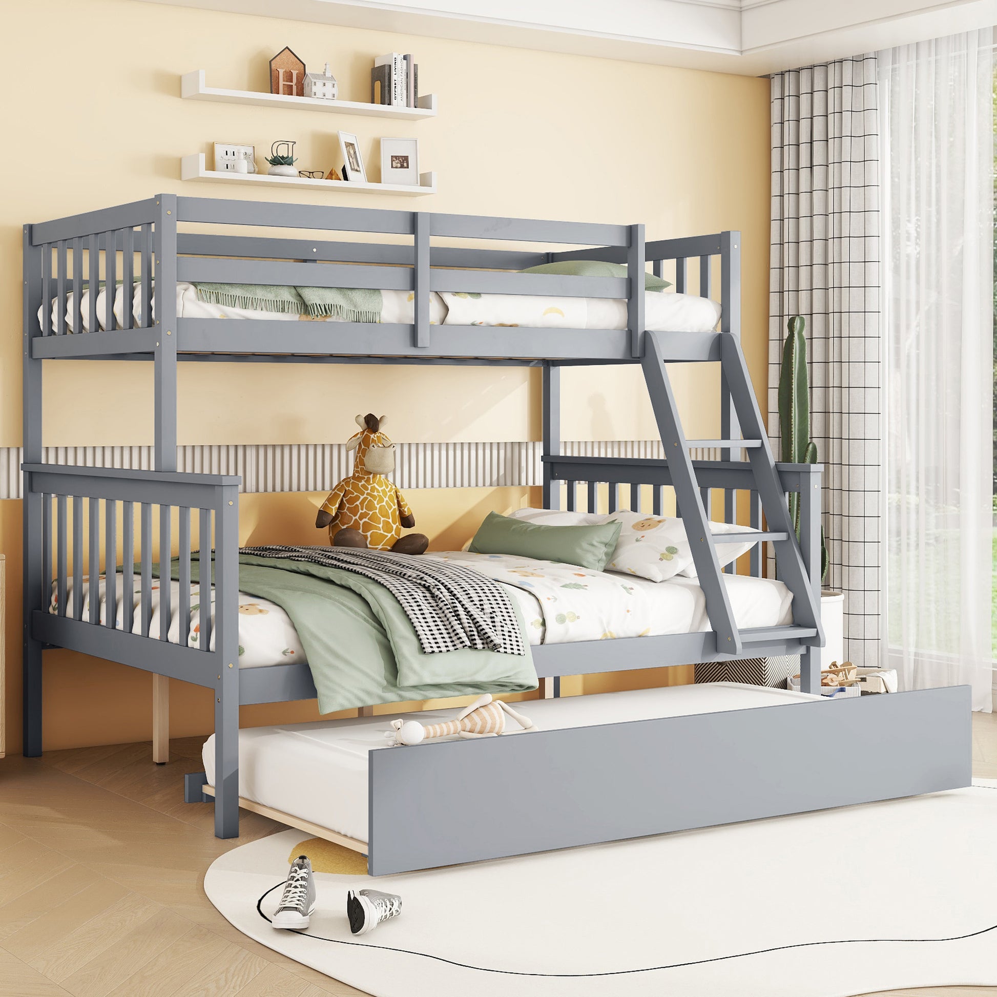 Gray wooden triple bunk bed with pullout trundle suitable for kids rooms