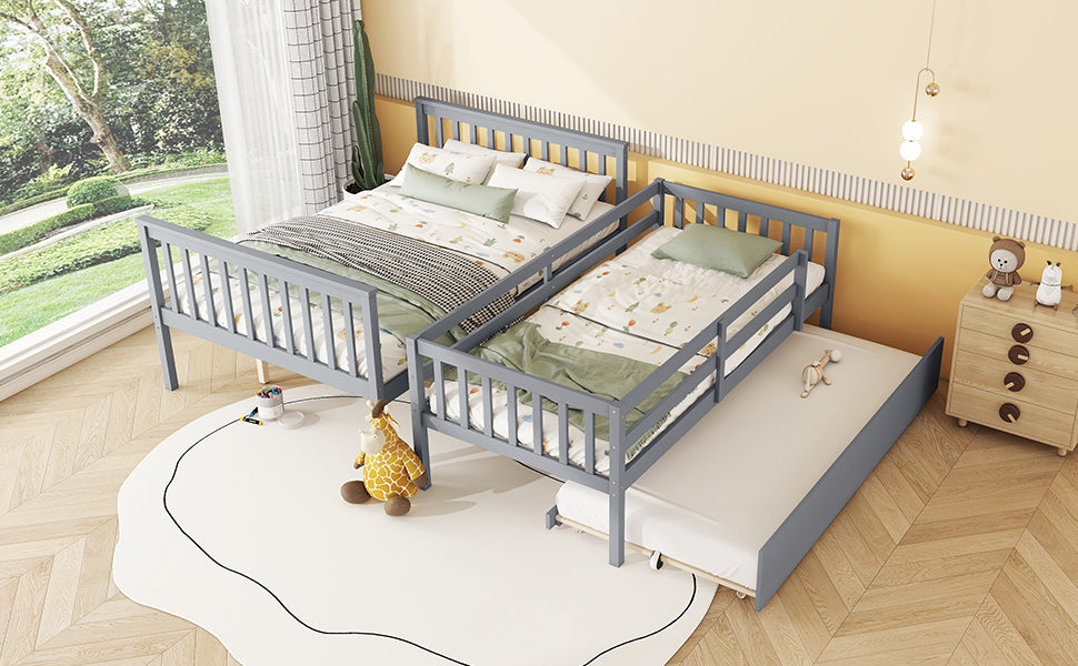 Grey wood toddler bed with pullout trundle