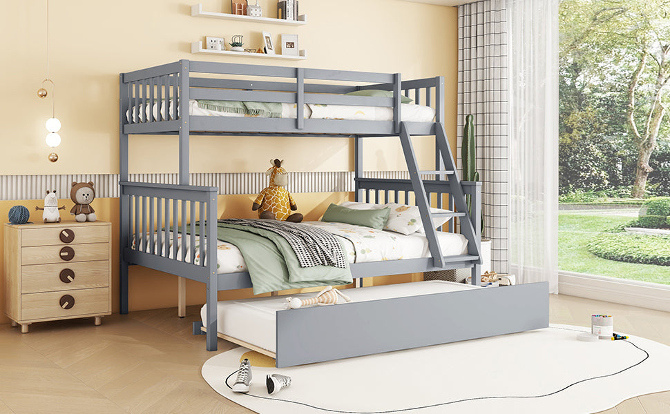 Grey wooden bunk bed with pullout trundle