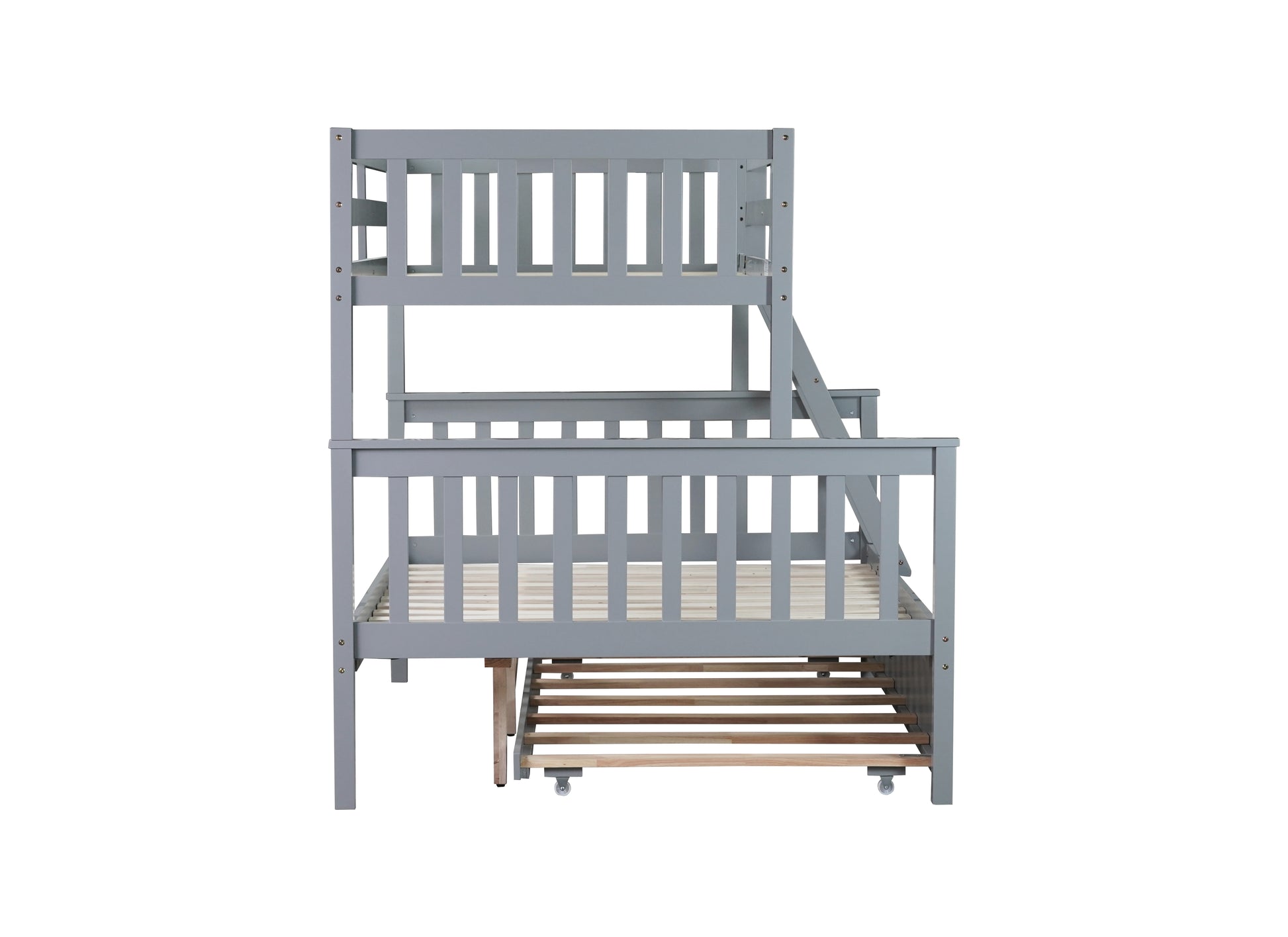 Gray wooden triple bunk bed with pullout trundle