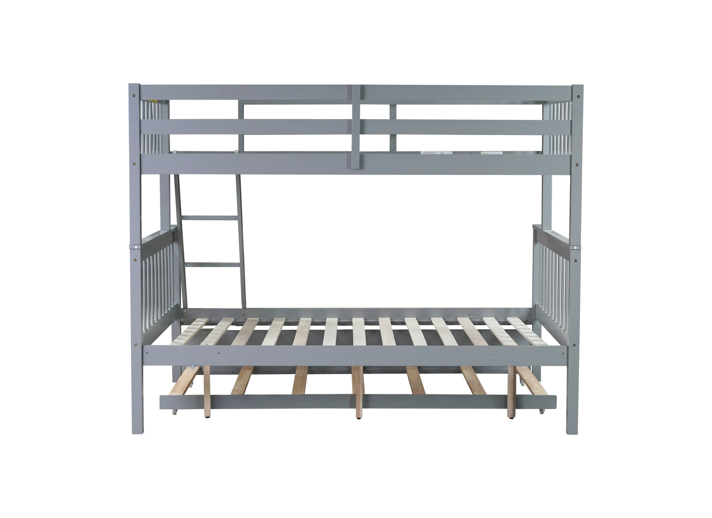 Gray wooden triple bunk bed with ladder