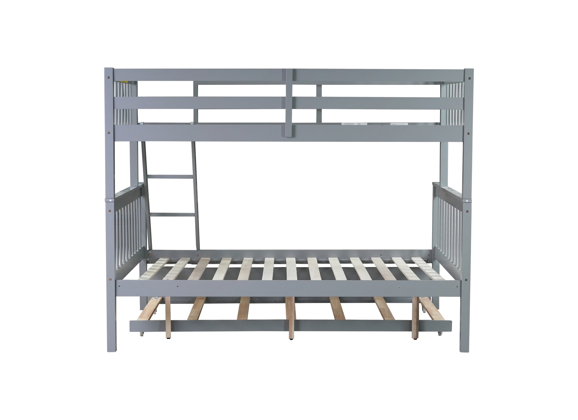 Gray wooden triple bunk bed with ladder
