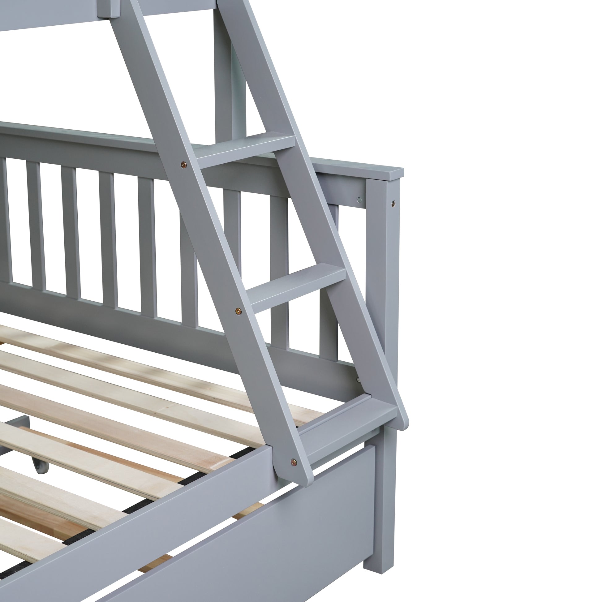Gray wooden bunk bed ladder with slatted base