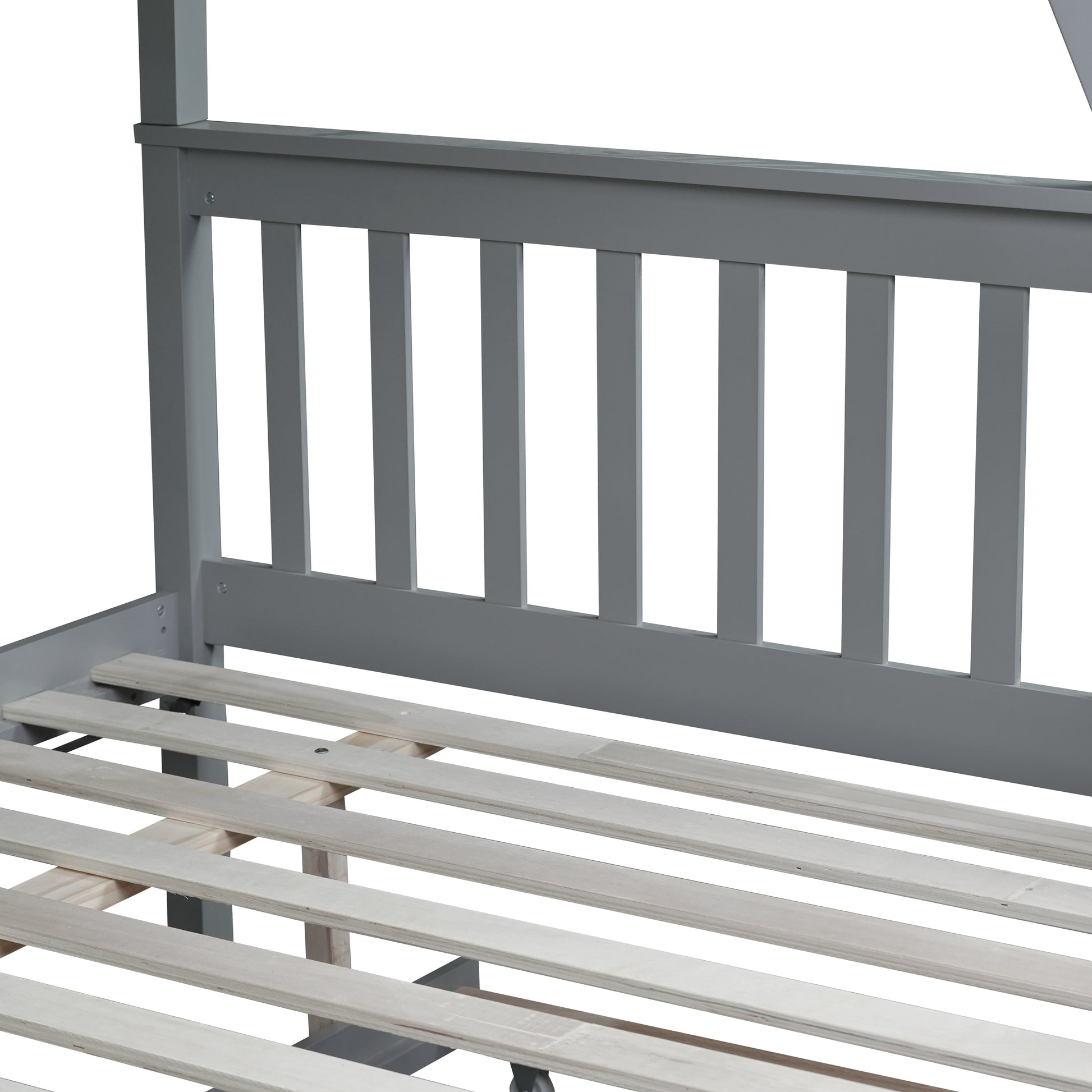 Gray wooden bed frame with slatted base and vertical rails