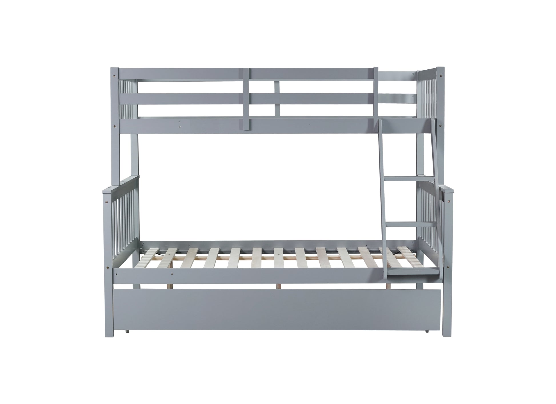 Gray wooden bunk bed with integrated ladder and slats for mattress support