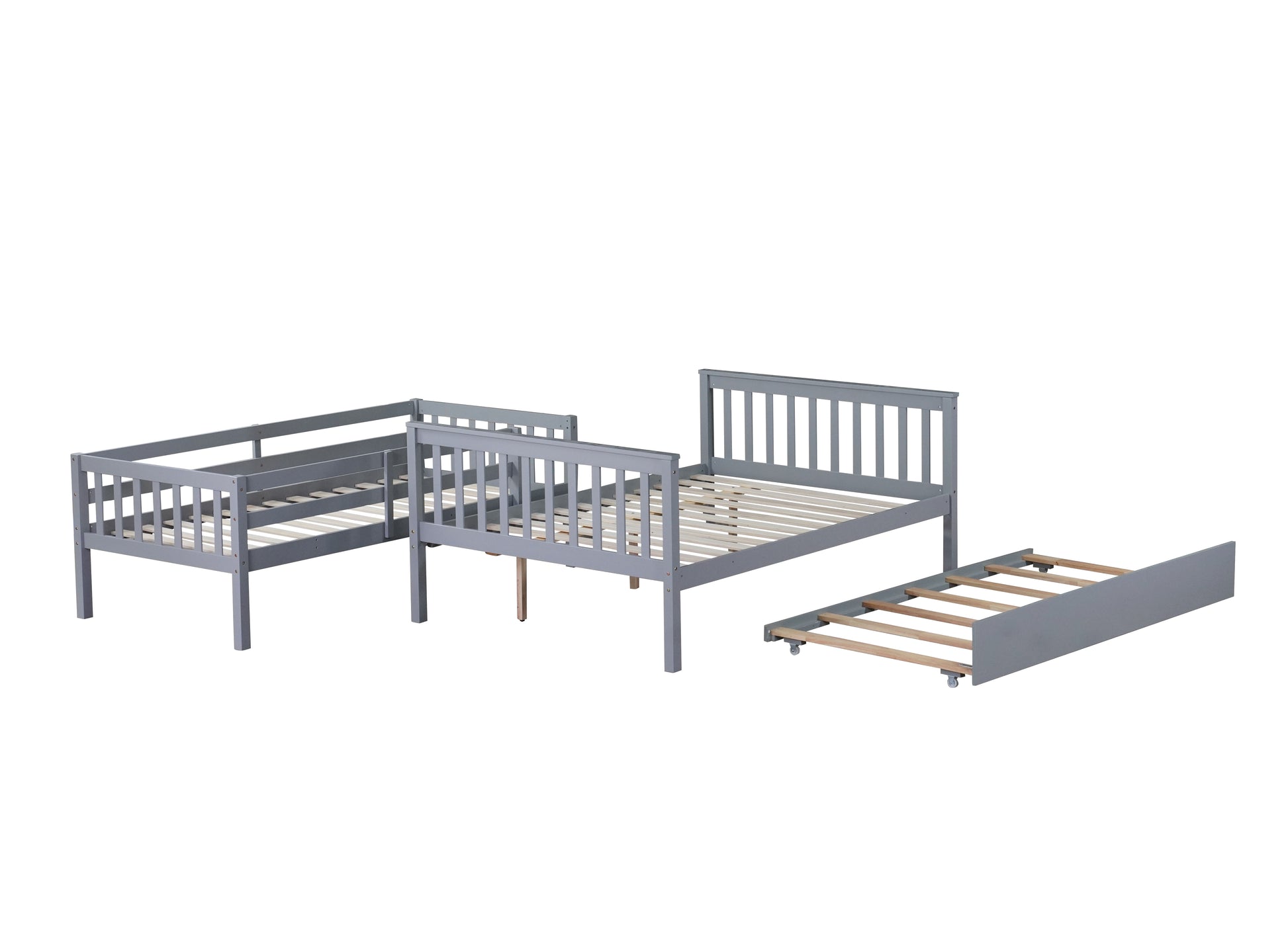Gray wooden twin bunk bed frame with attached corner guard