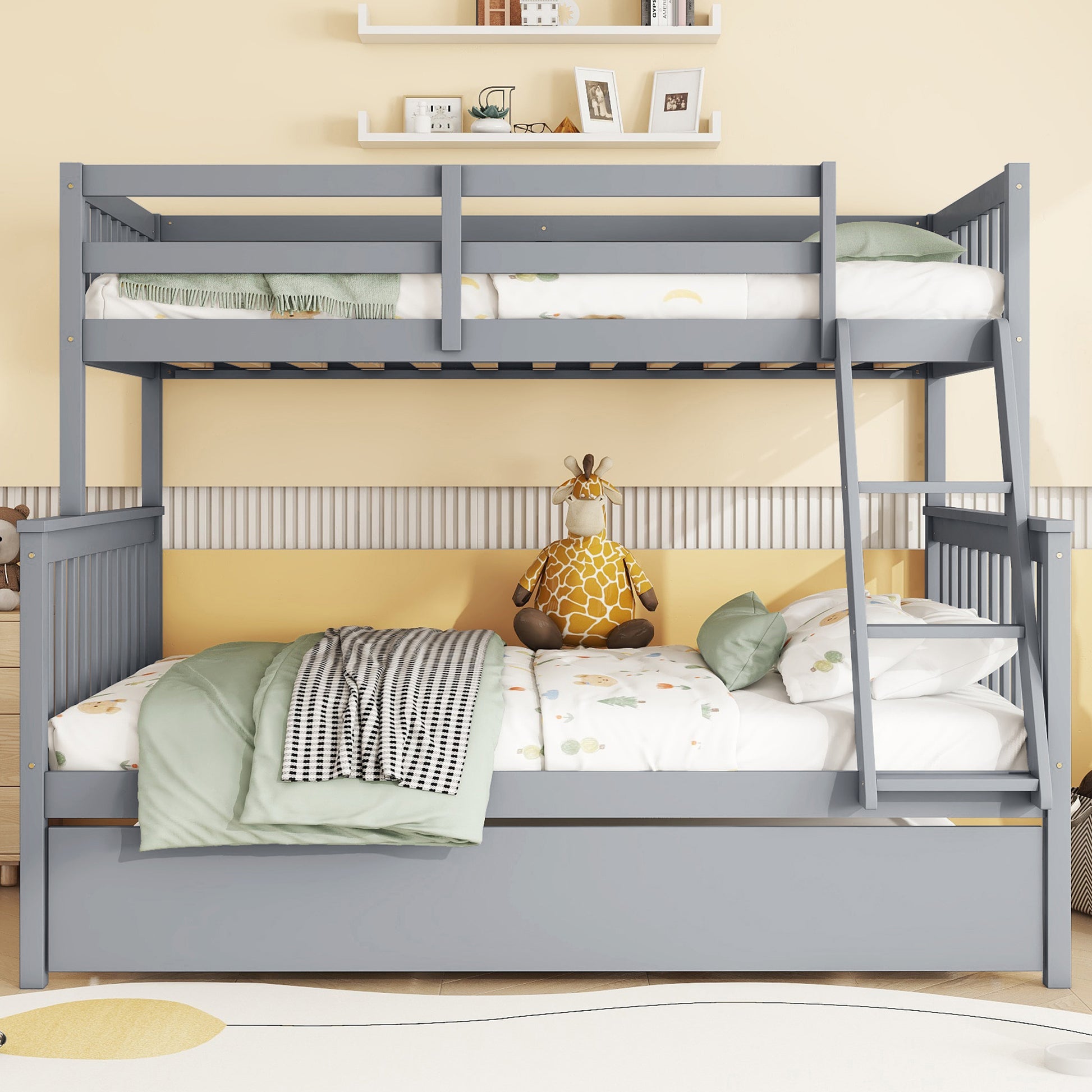 Gray wooden triple bunk bed with slide and storage drawers