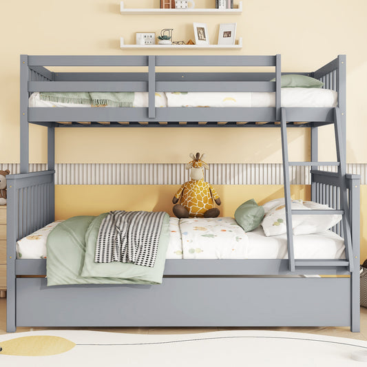Gray wooden triple bunk bed with slide and storage drawers