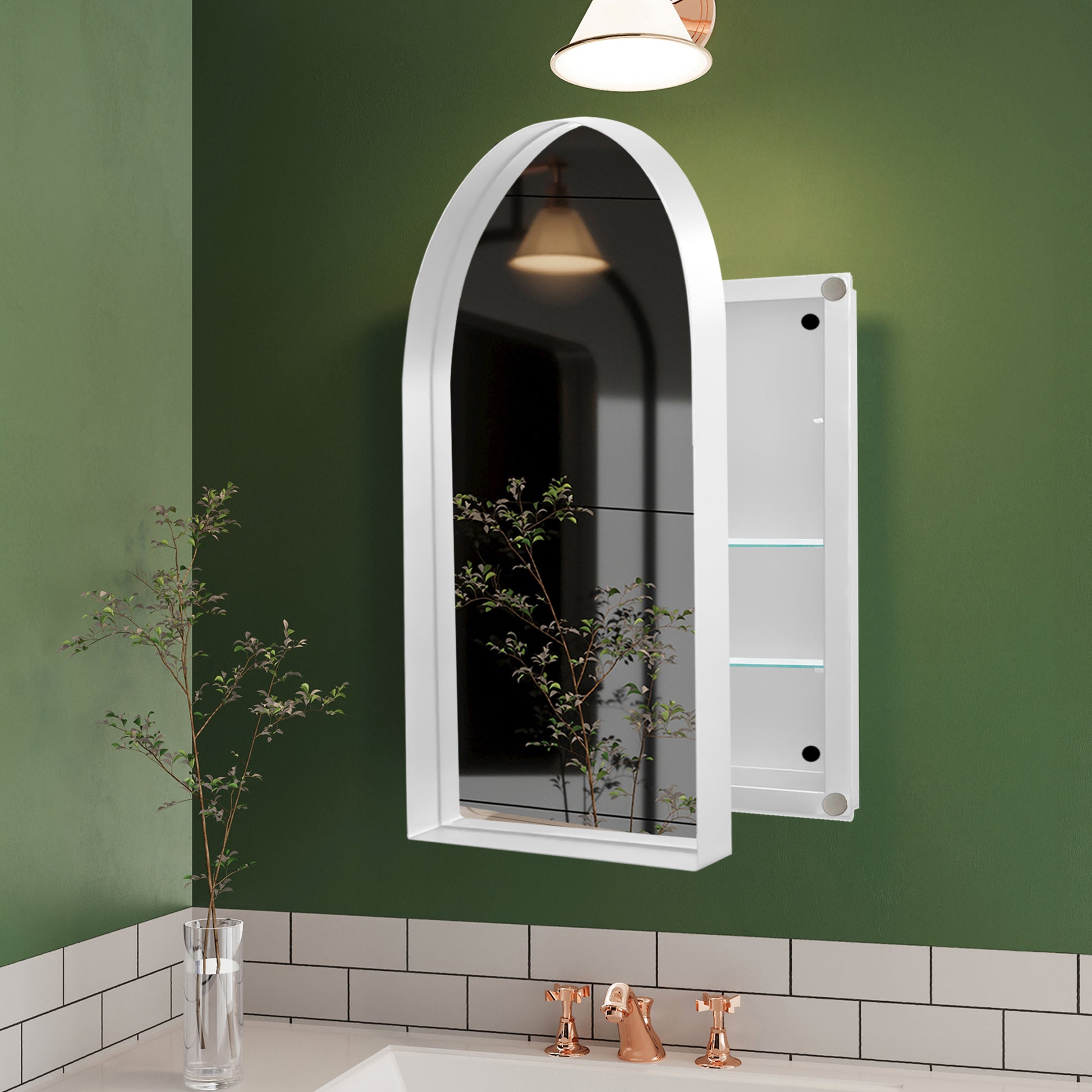 Arched white medicine cabinet with mirrored door featuring adjustable glass shelves for bathroom storage