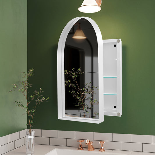 Arched white medicine cabinet with mirrored door featuring adjustable glass shelves for bathroom storage