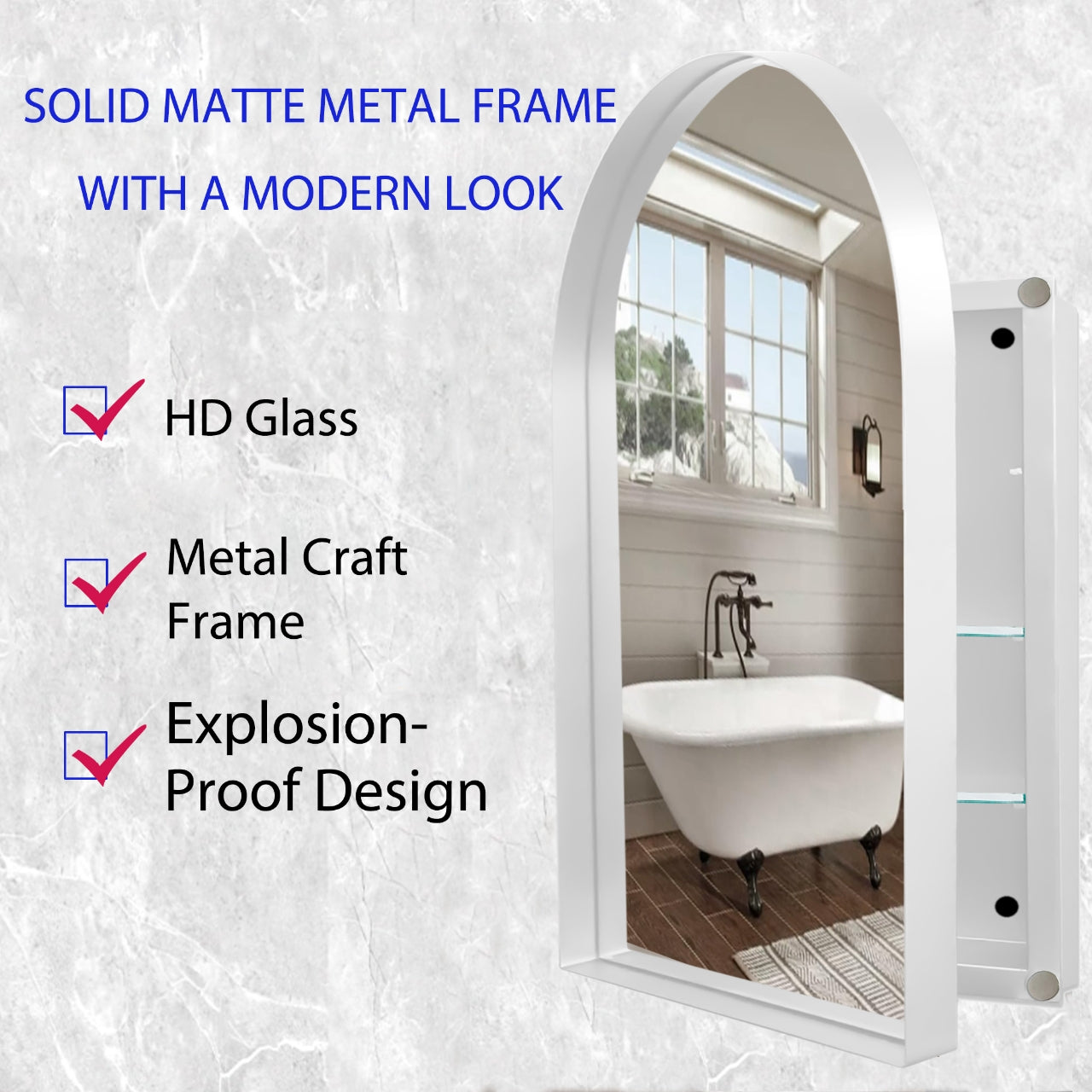 Modern arched bathroom medicine cabinet with explosionproof HD glass and matte metal frame