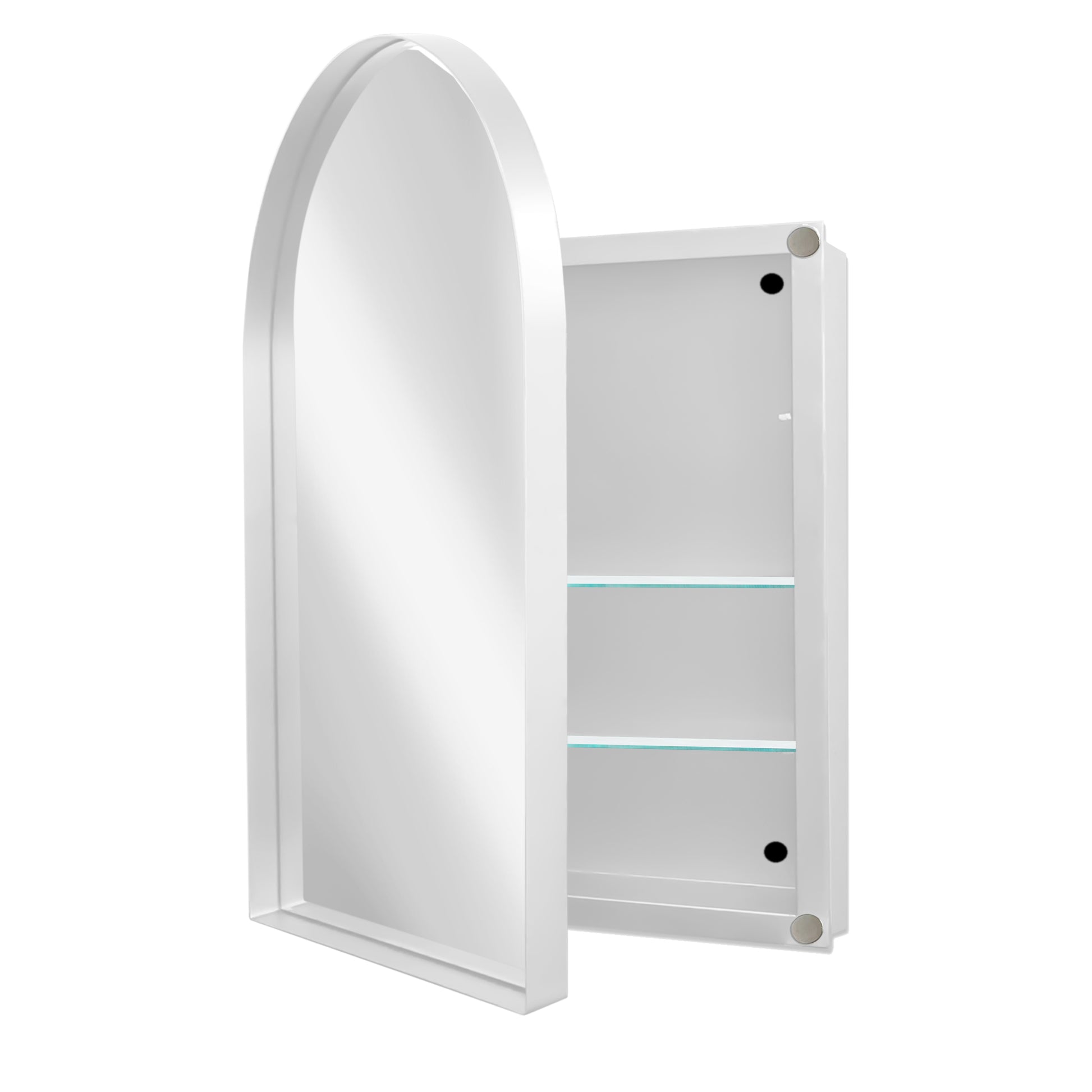 White arched medicine cabinet with mirrored door and two glass shelves