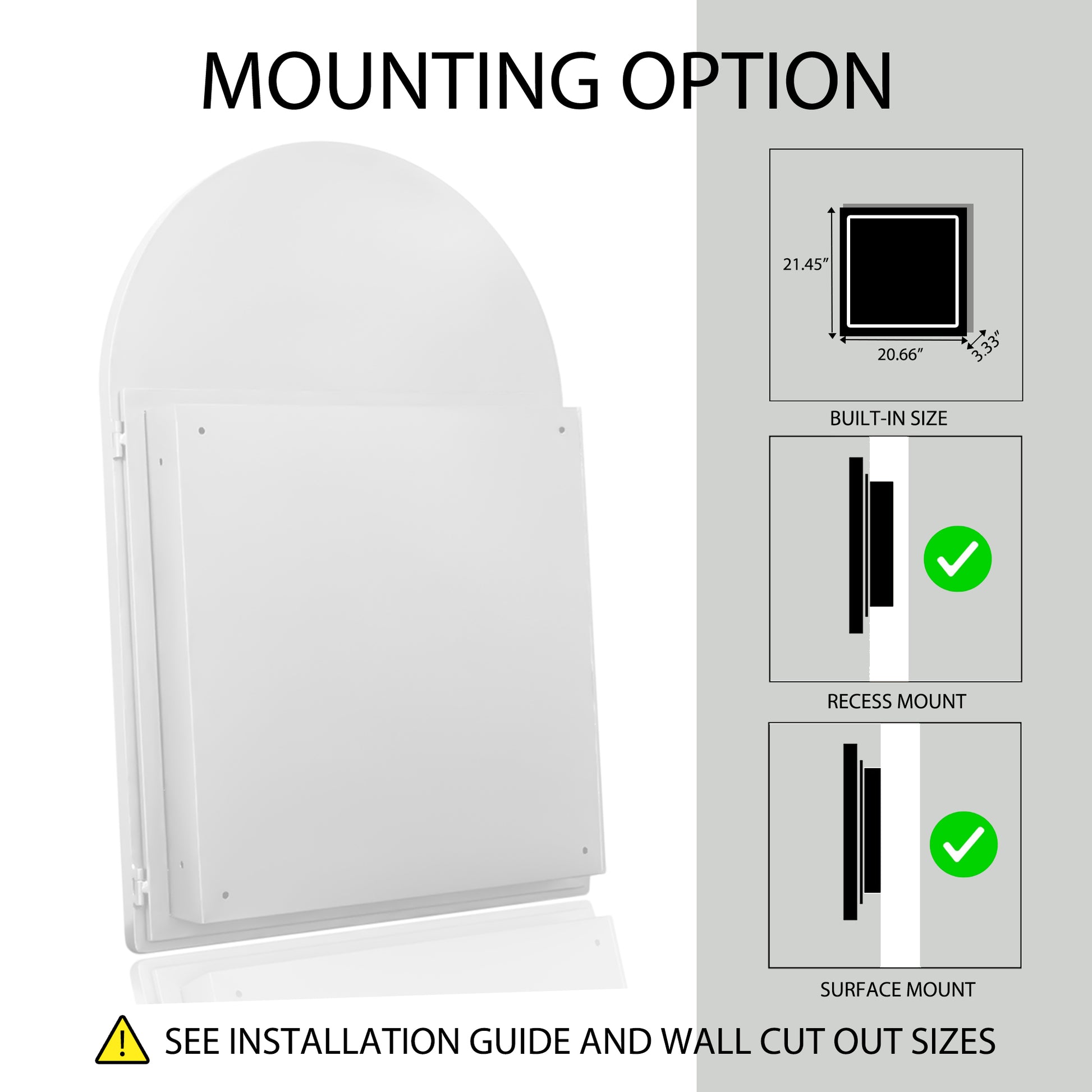 White cabinet frame showcasing its recess and surface mounting options