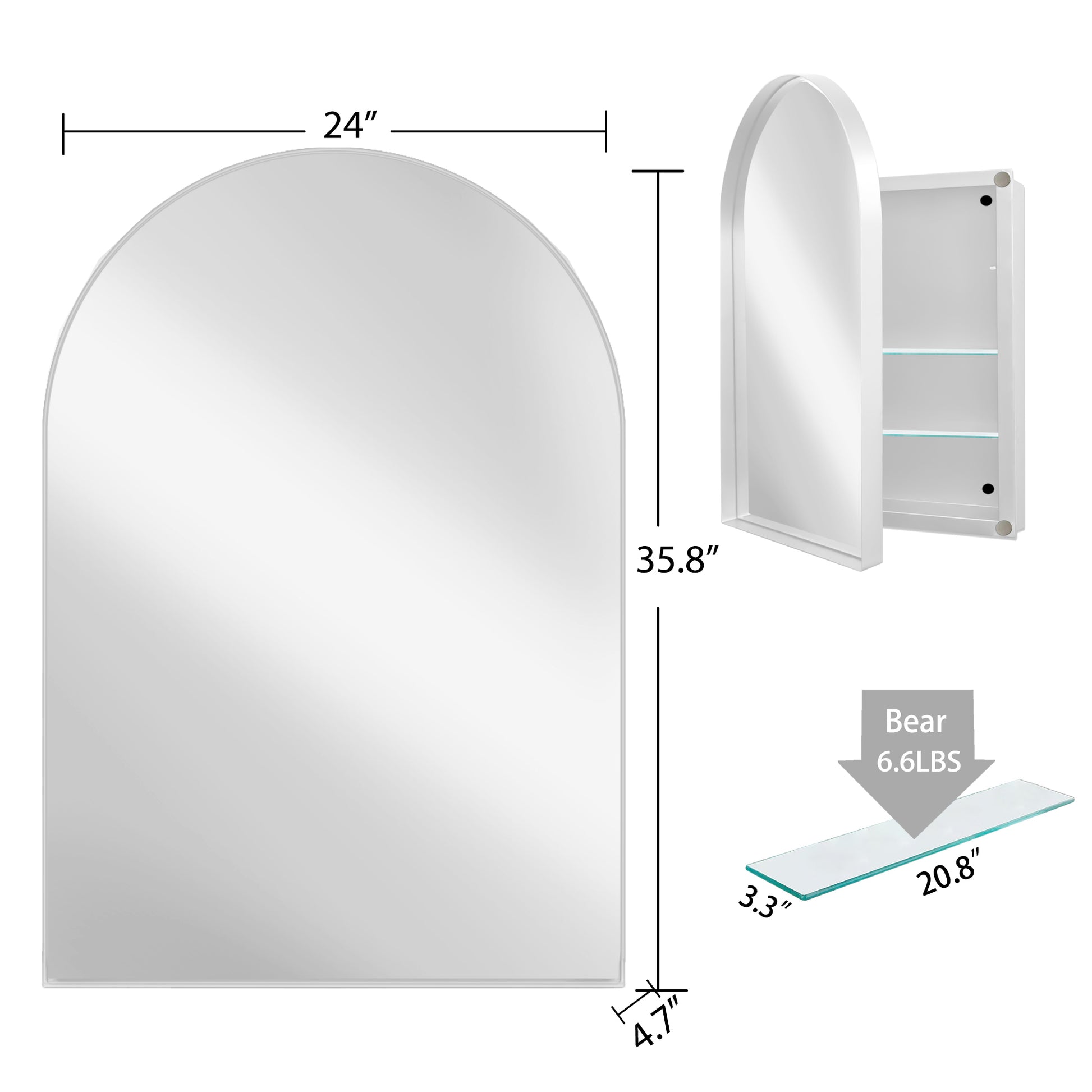 Arched medicine cabinet with mirrored door and internal glass shelves