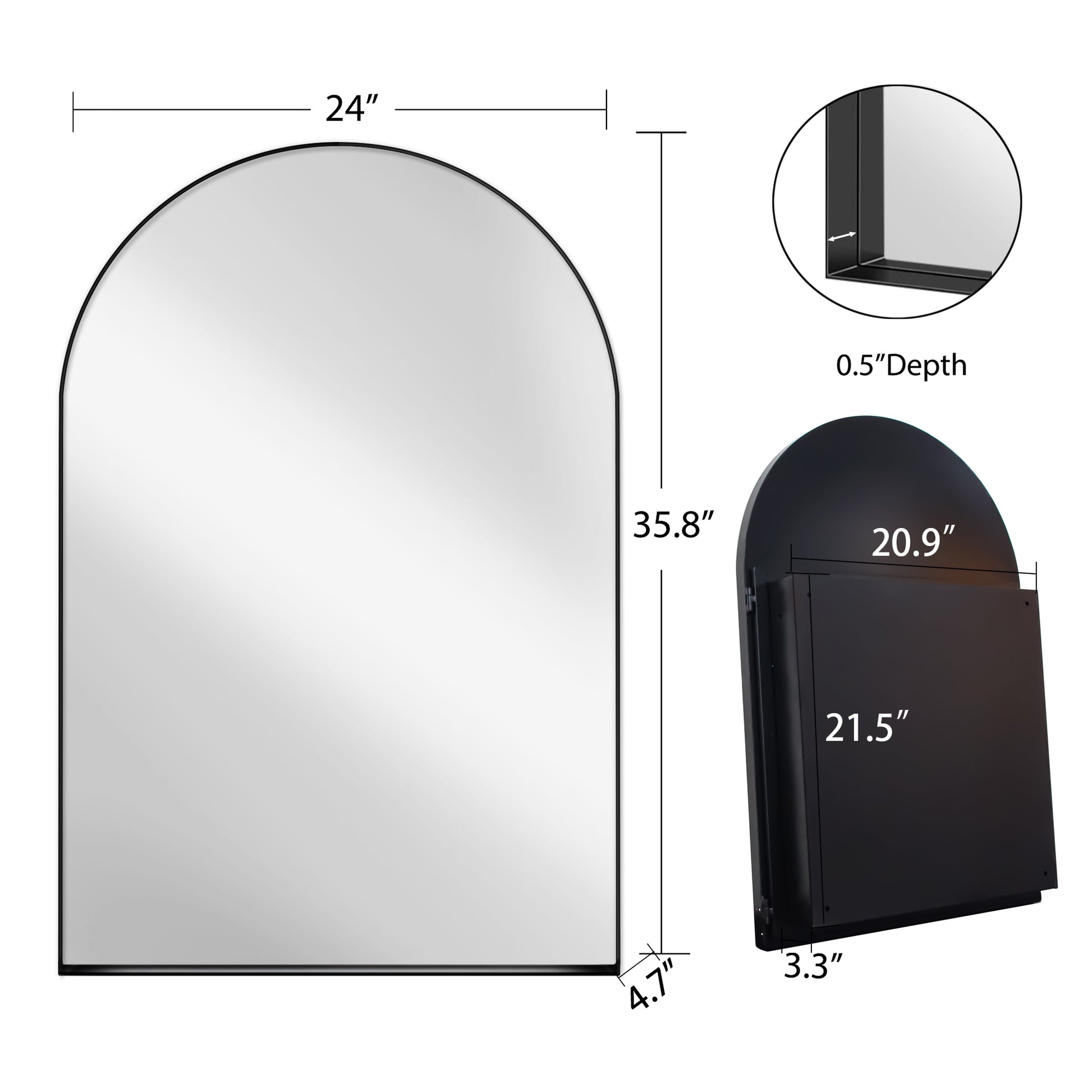 Black arched metal framed mirror W x H with  depth