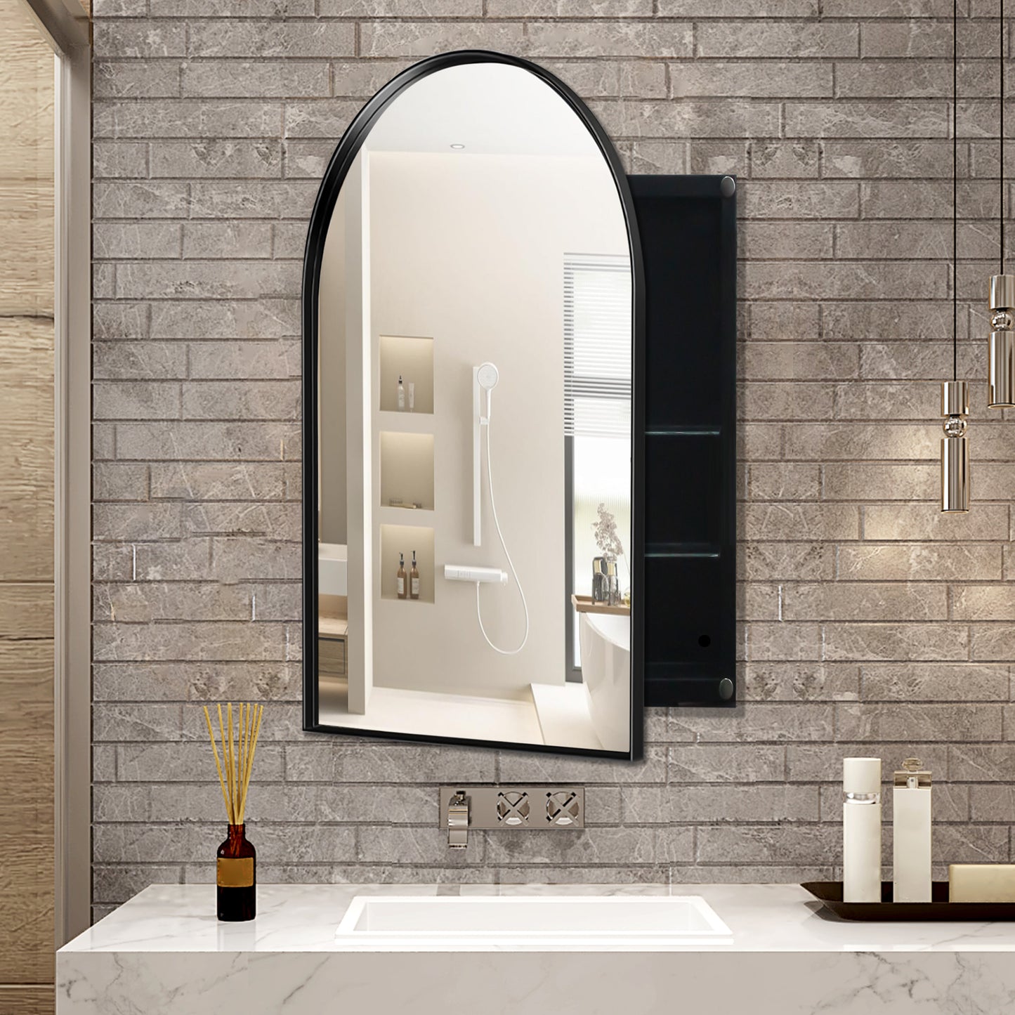Black arched bathroom medicine cabinet with storage shelves and reflective mirror