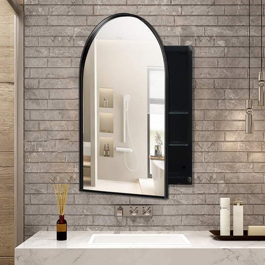 Black arched bathroom medicine cabinet with storage shelves and reflective mirror
