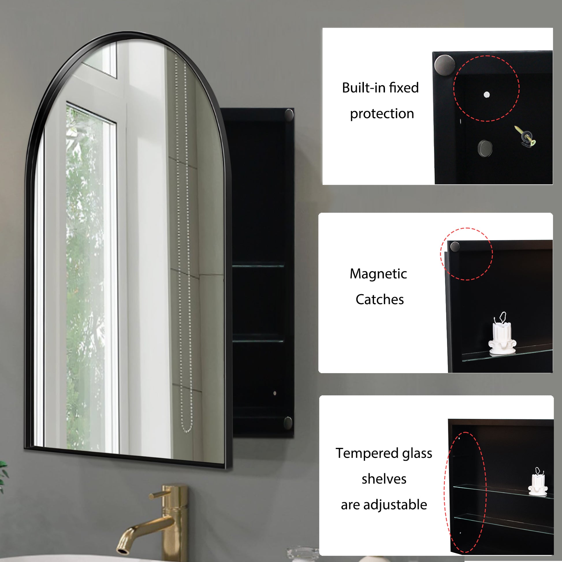 Black arched bathroom medicine cabinet with mirrored door and adjustable glass shelves