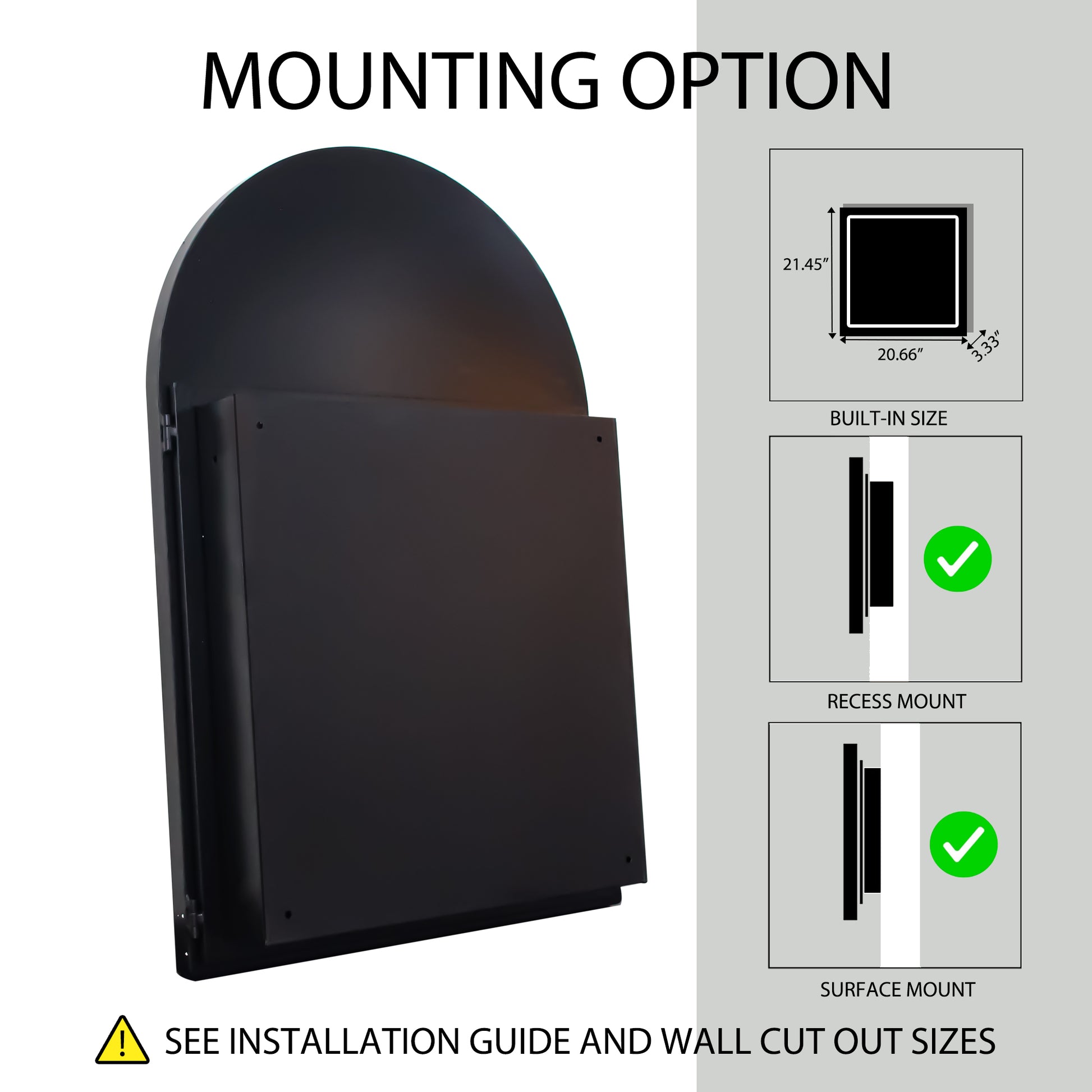 Black metal fireplace insert showcasing its curved top and mounting bracket