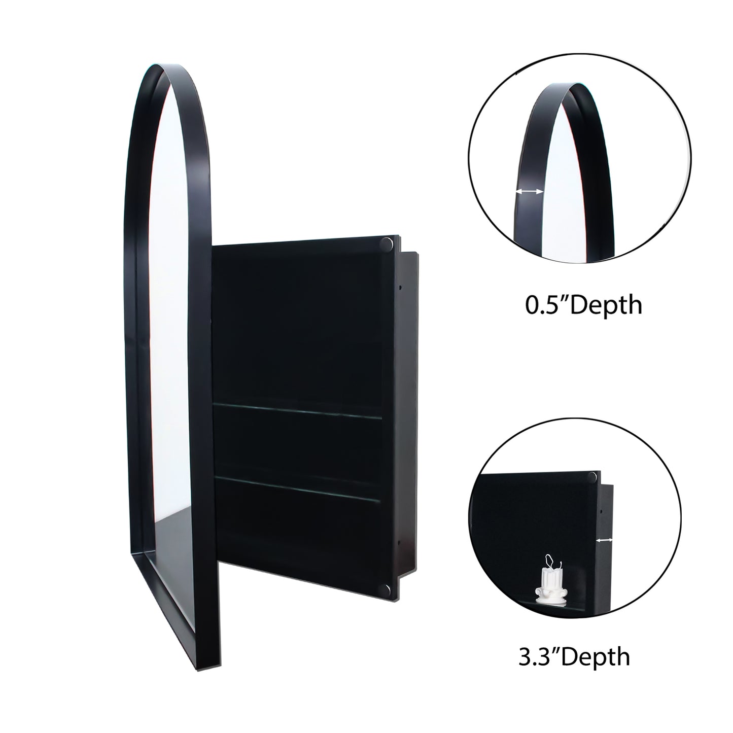 Black arched metal medicine cabinet with mirrored door and glass shelves