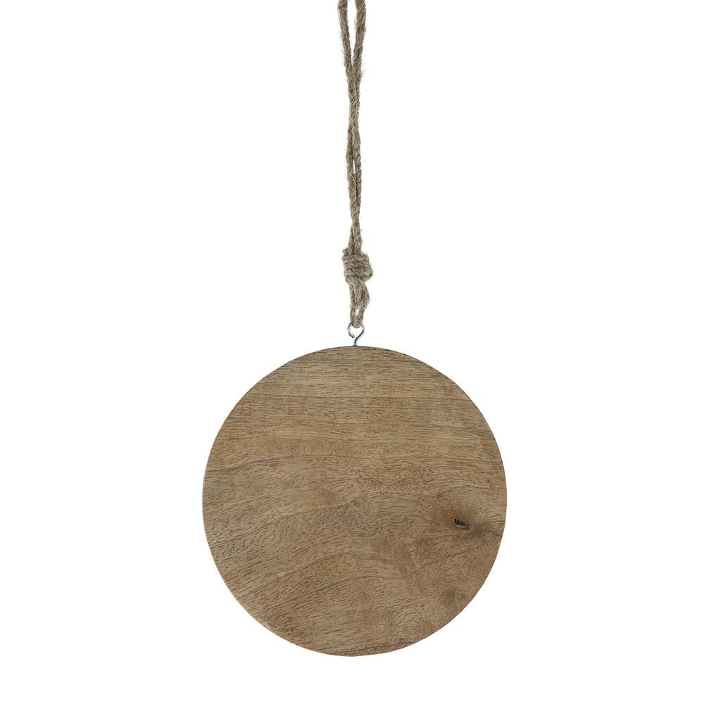 Round wooden hanging decoration with natural rope